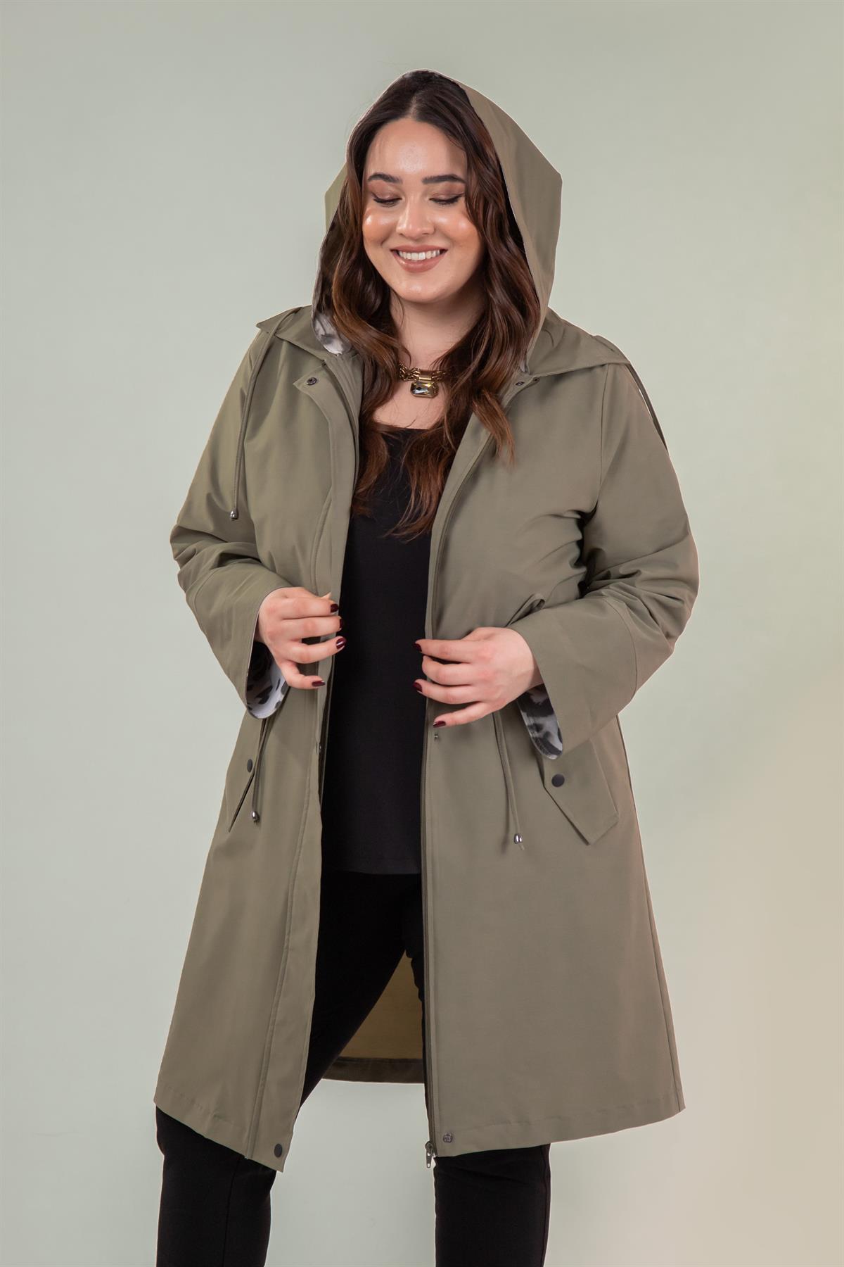 Büyük Beden 122137 Leoparlı Trençkot Haki