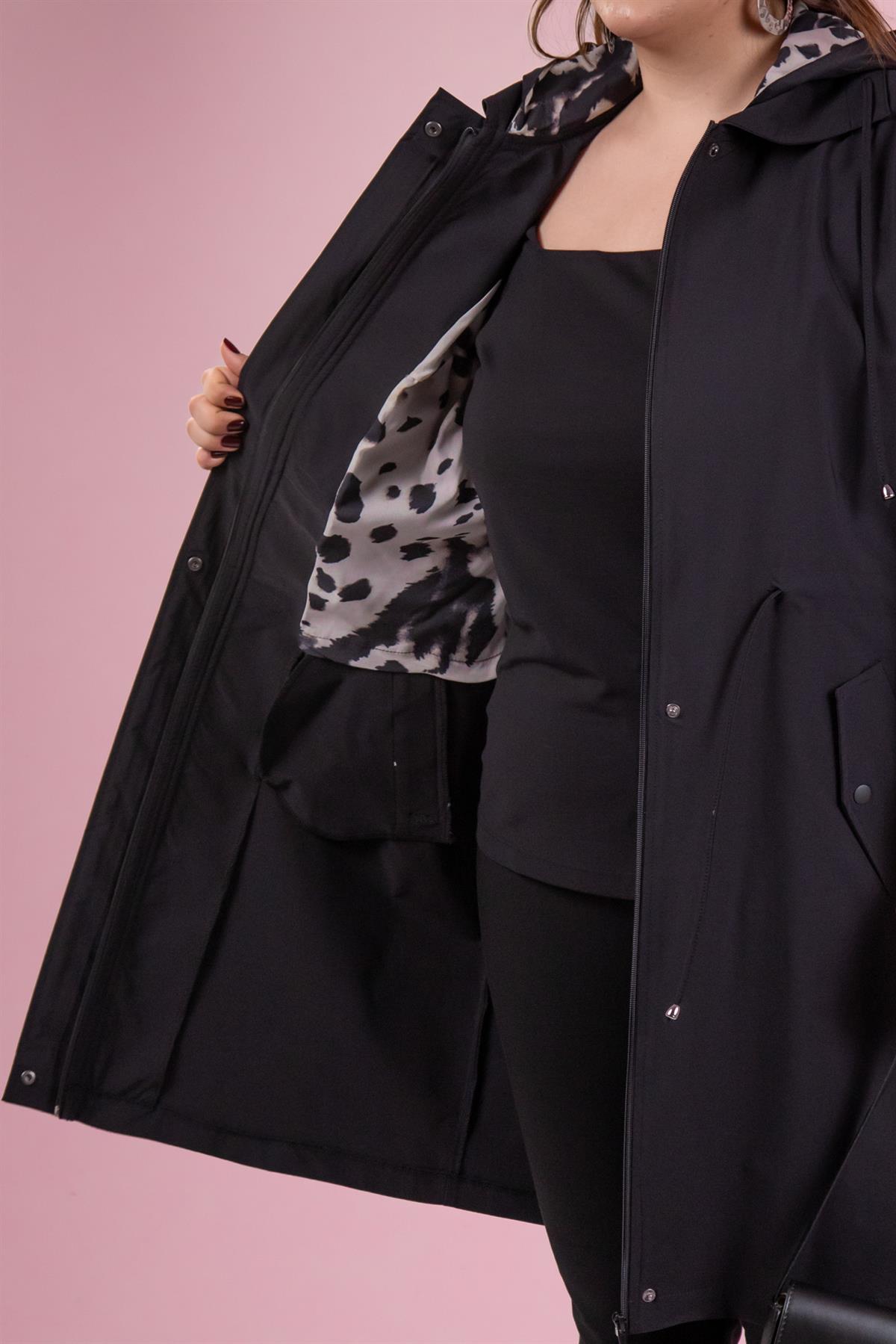 Büyük Beden 122137 Leoparlı Trençkot Siyah