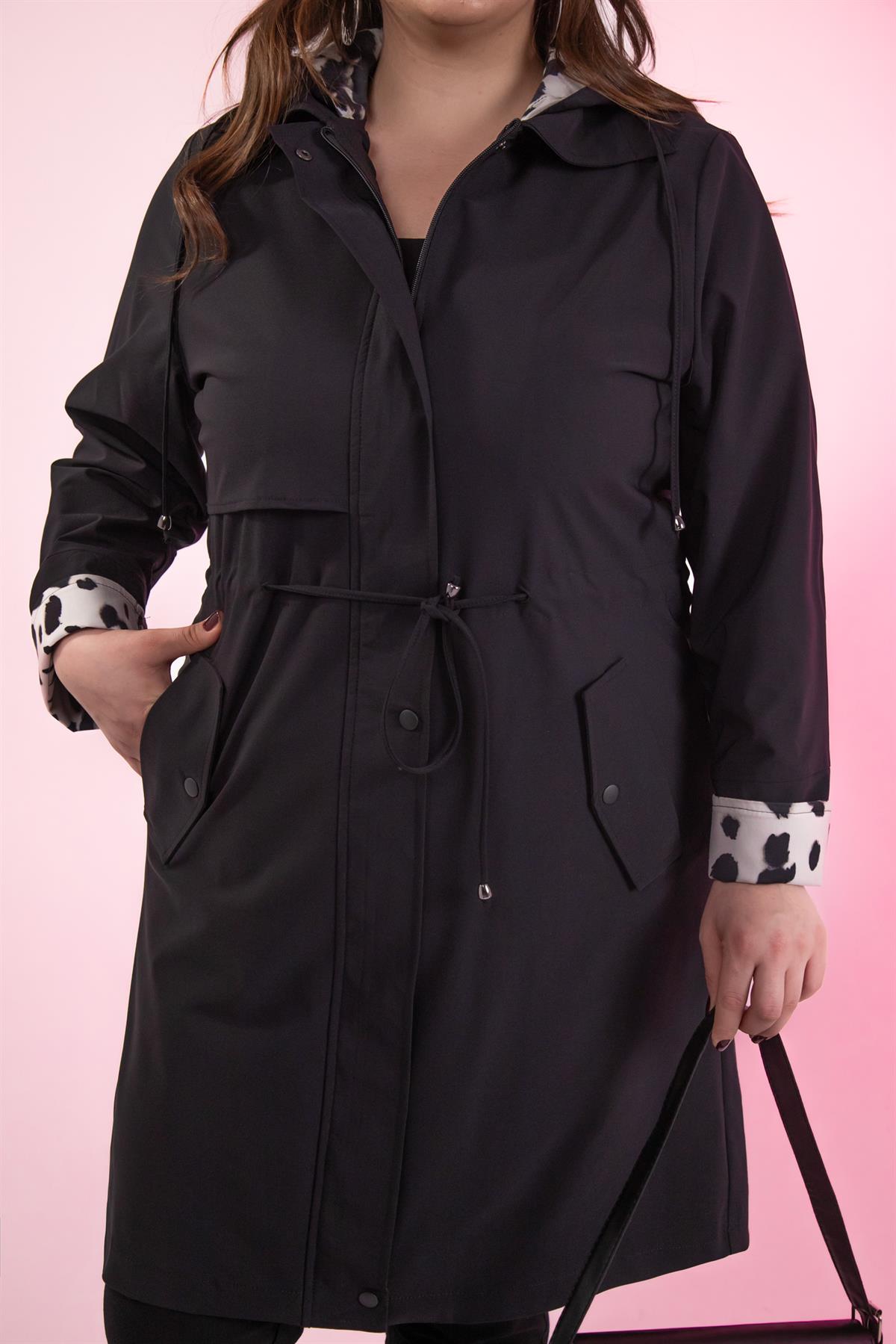 Büyük Beden 122137 Leoparlı Trençkot Siyah