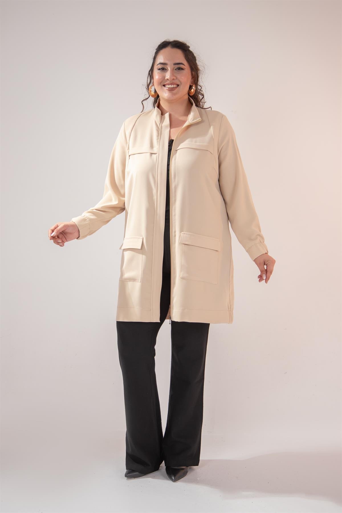 Büyük Beden 122143 Cepli Fermuarlı Kap  Taş