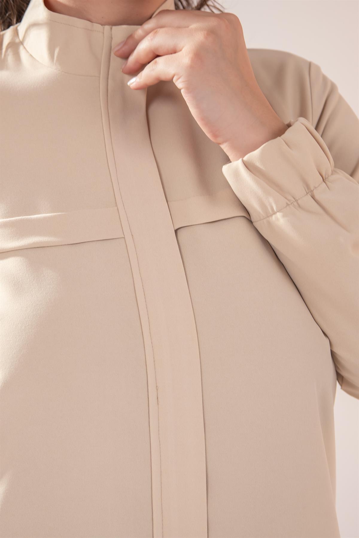 Büyük Beden 122143 Cepli Fermuarlı Kap  Taş