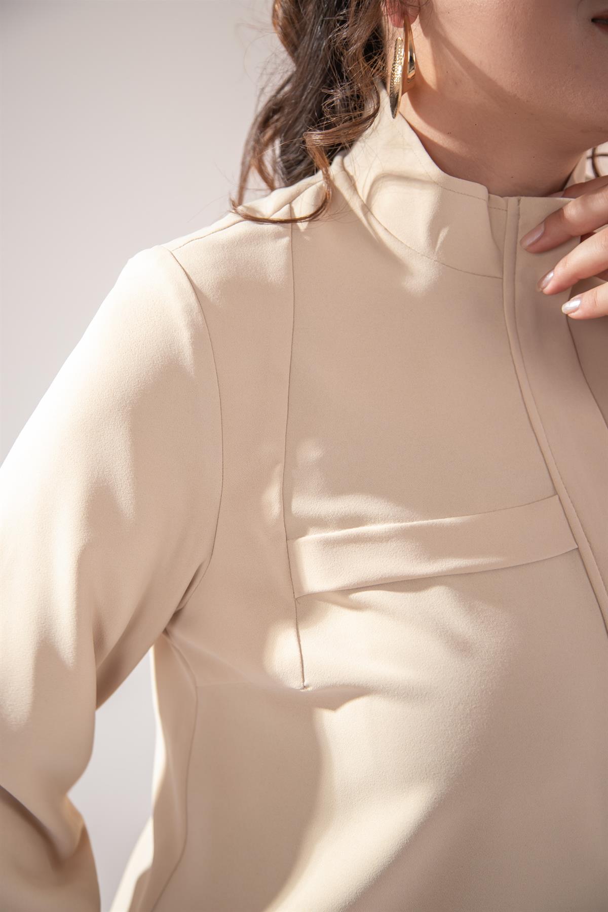 Büyük Beden 122143 Cepli Fermuarlı Kap  Taş