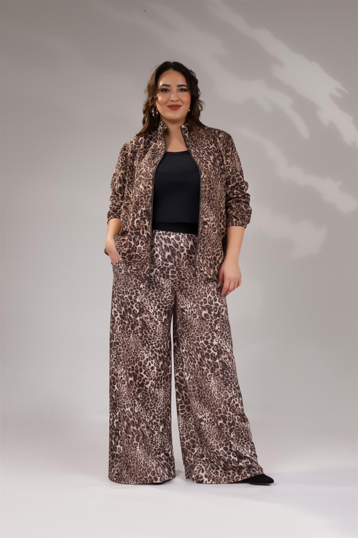 Büyük Beden 122145 Leoparlı Alt Eşofman  Kahverengı