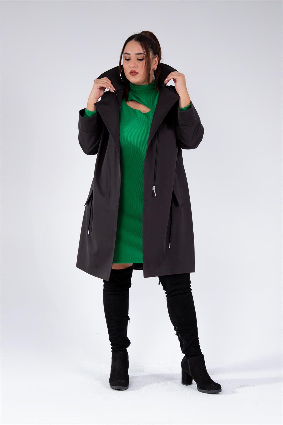 Büyük Beden 122149 Cep-Yaka Detaylı Trençkot Siyah