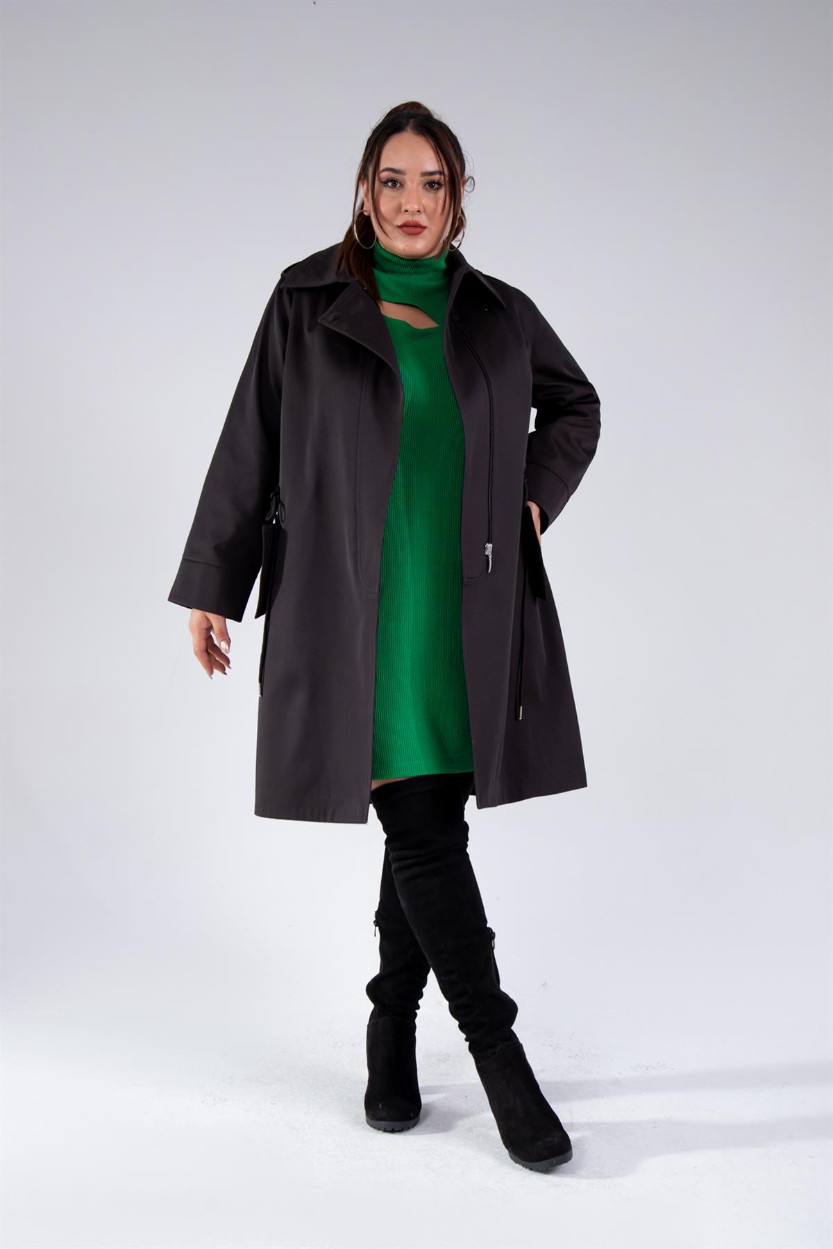 Büyük Beden 122149 Cep-Yaka Detaylı Trençkot Siyah