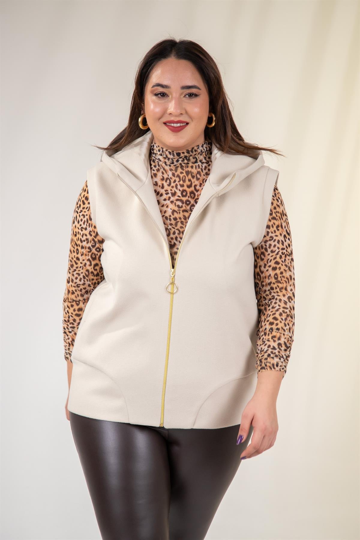 Büyük Beden 122153 Kaşe Yelek  Bej