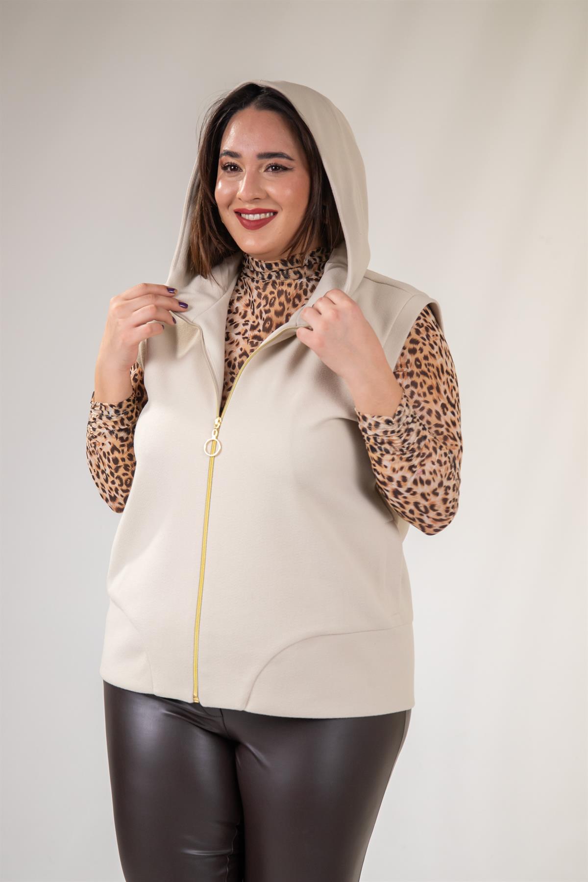 Büyük Beden 122153 Kaşe Yelek  Bej