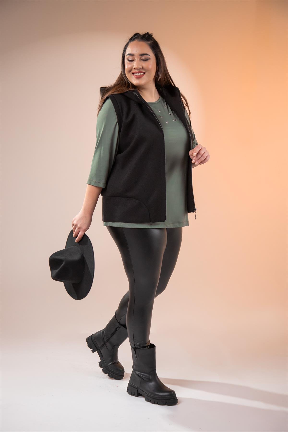 Büyük Beden 122153 Kaşe Yelek  Siyah