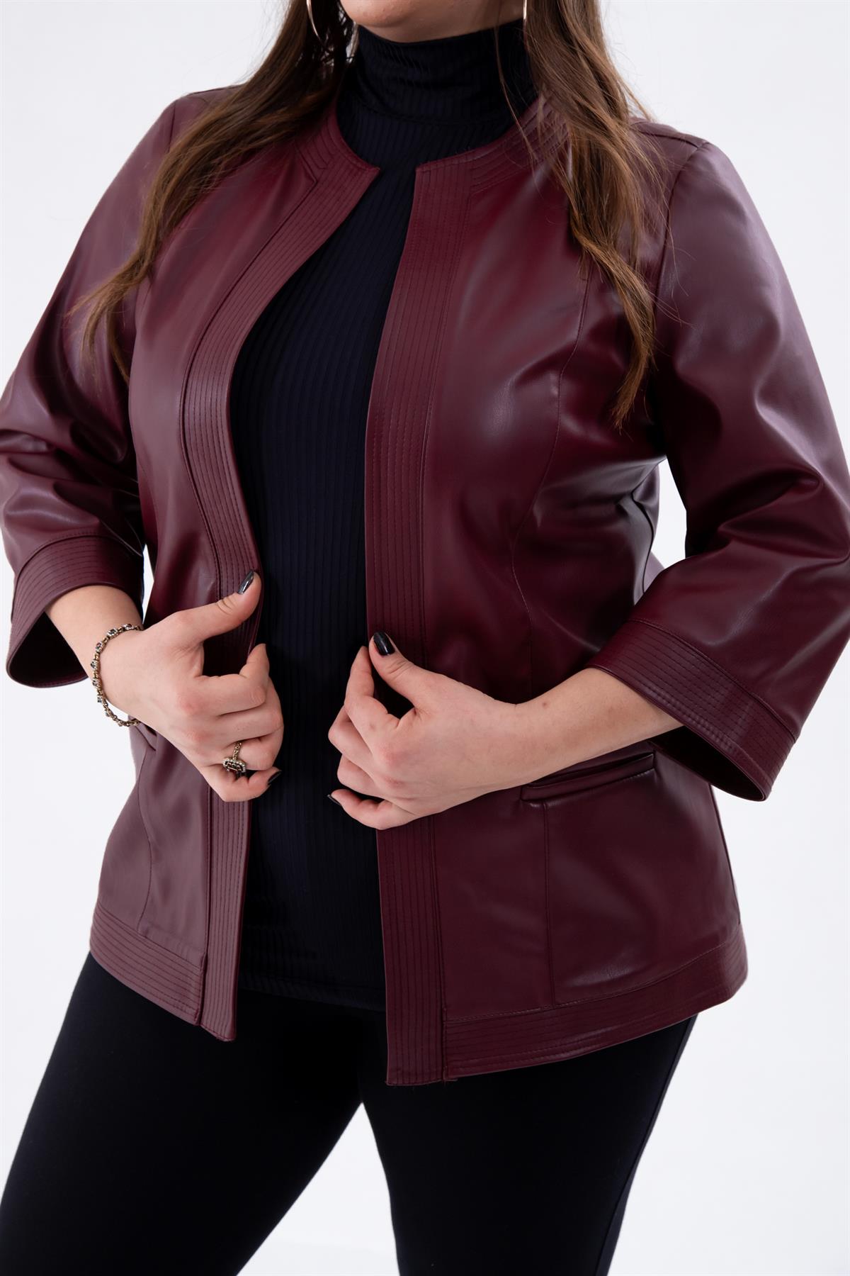 Büyük Beden 122159 Deri Ceket Bordo