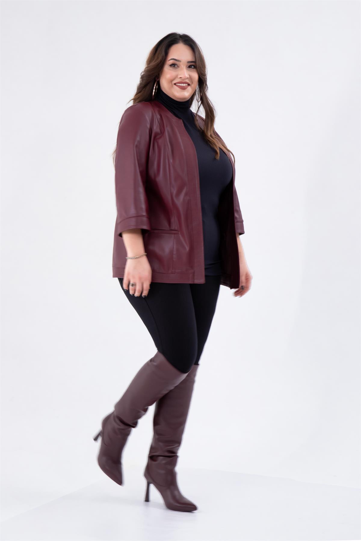 Büyük Beden 122159 Deri Ceket Bordo
