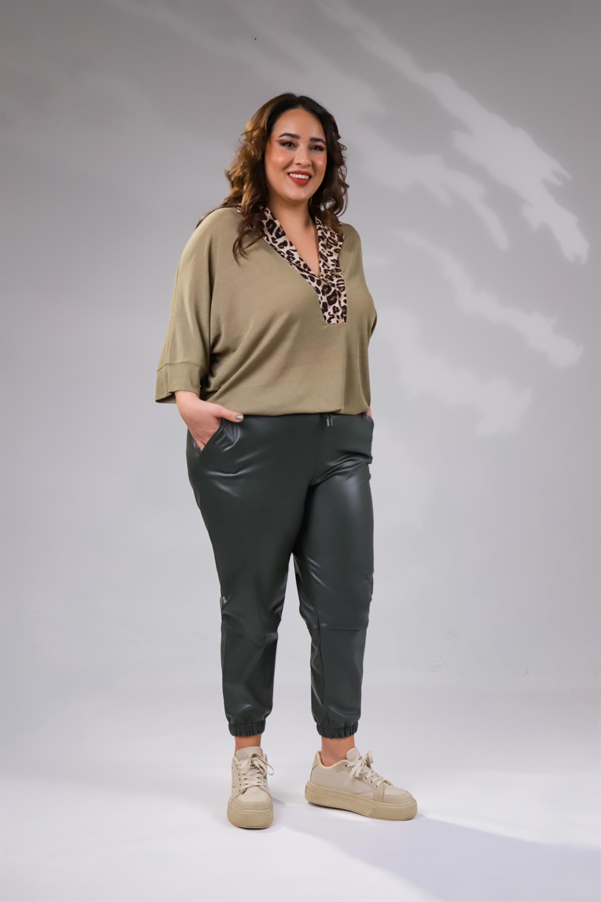 Büyük Beden 122160 Deri Pantolon  Hakı