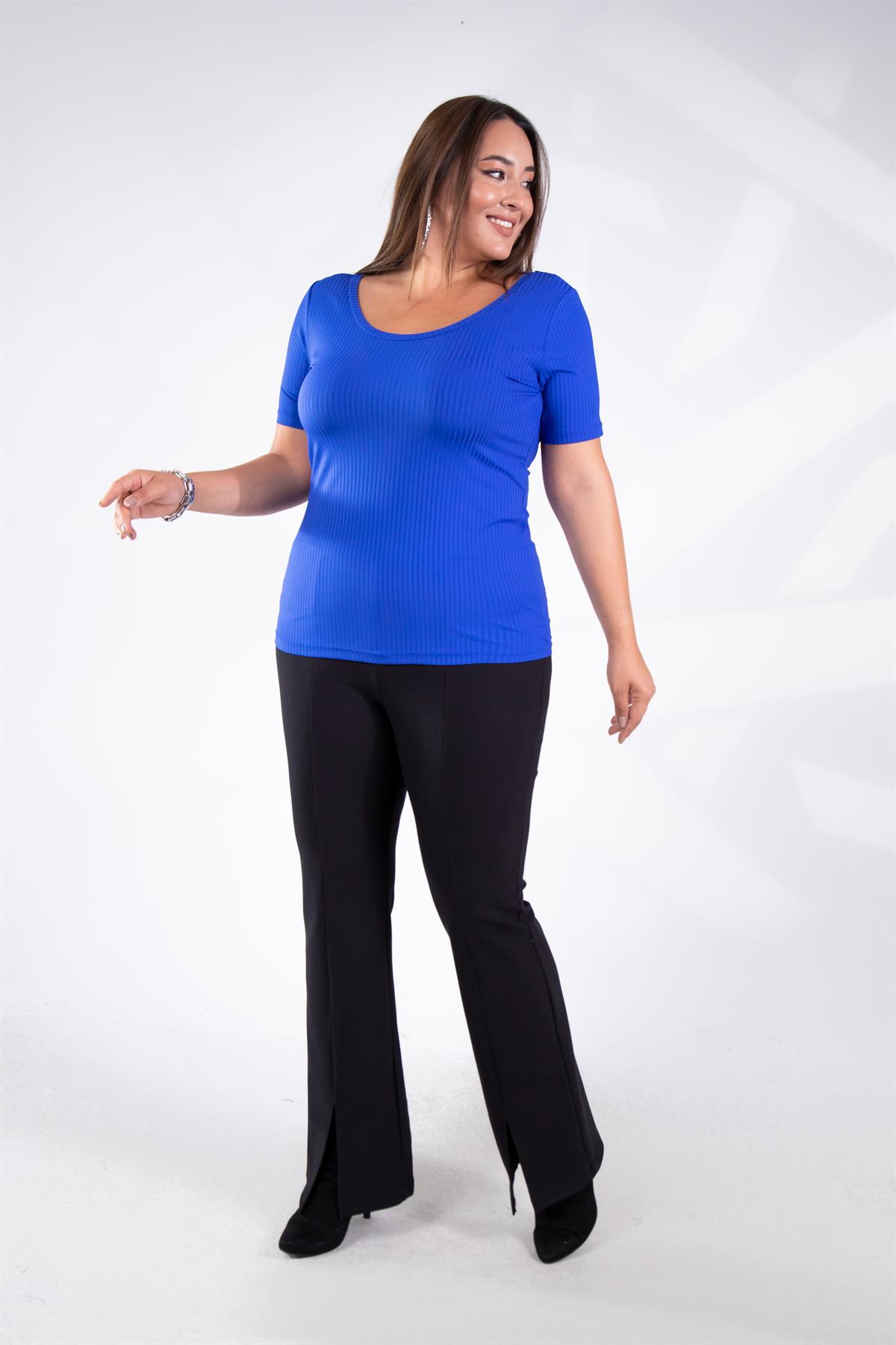 Büyük Beden 122164 Geniş Yaka Basıc Bluz Saks