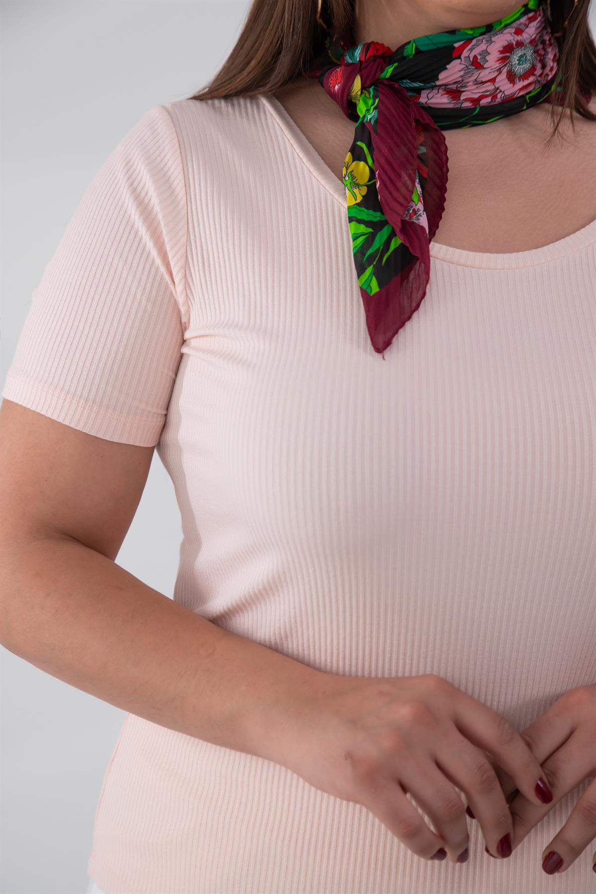 Büyük Beden 122164 Geniş Yaka Basıc Bluz Somon