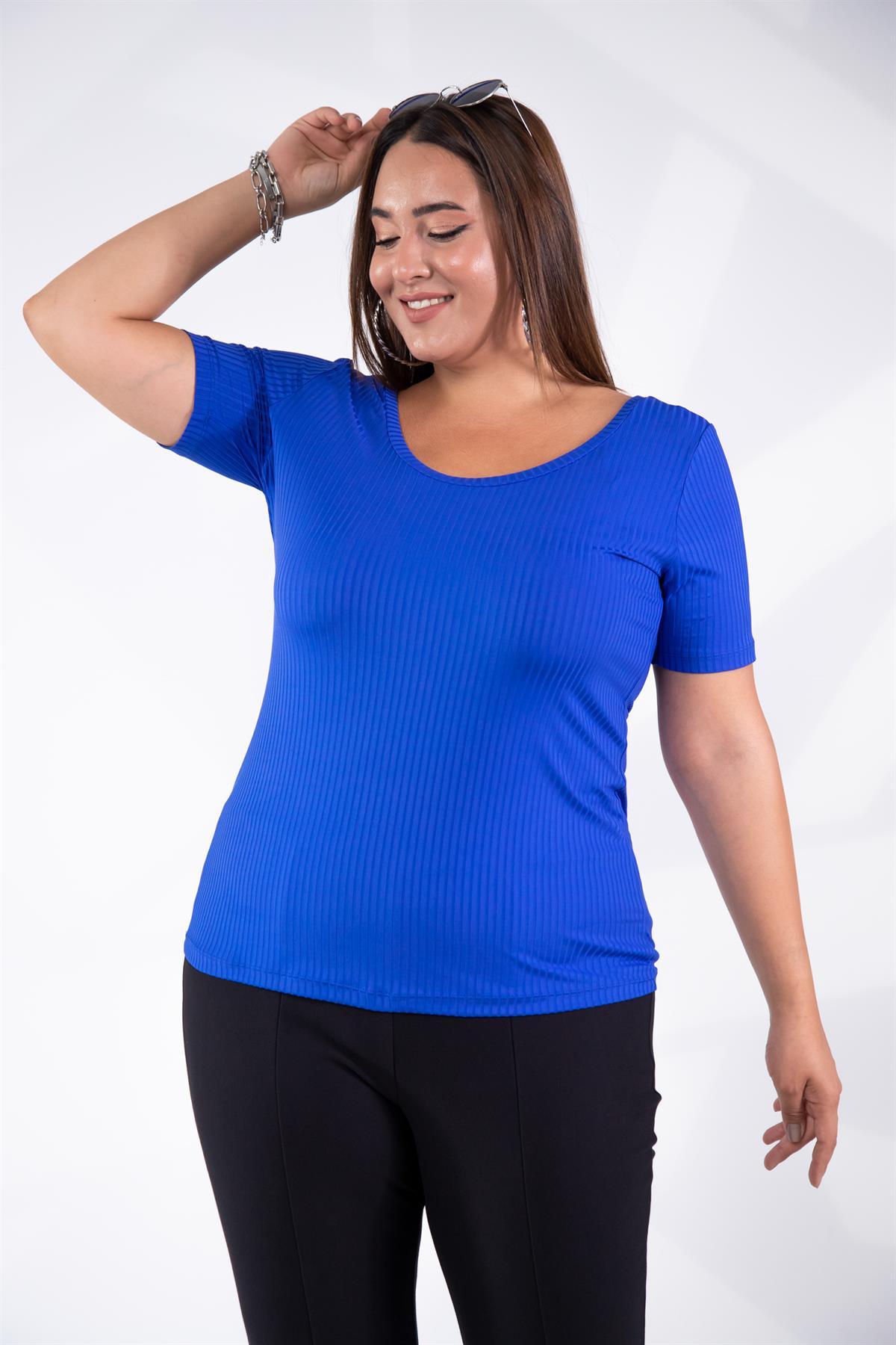 Büyük Beden 122164 Geniş Yaka Basıc Bluz Saks