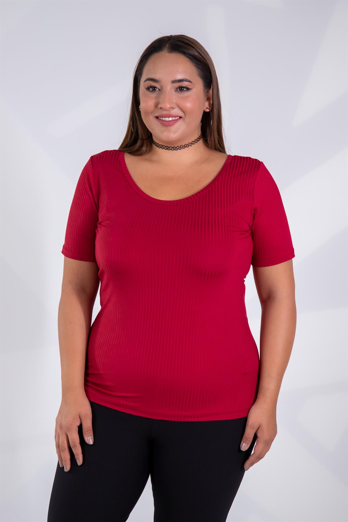 Büyük Beden 122164 Geniş Yaka Basıc Bluz Bordo
