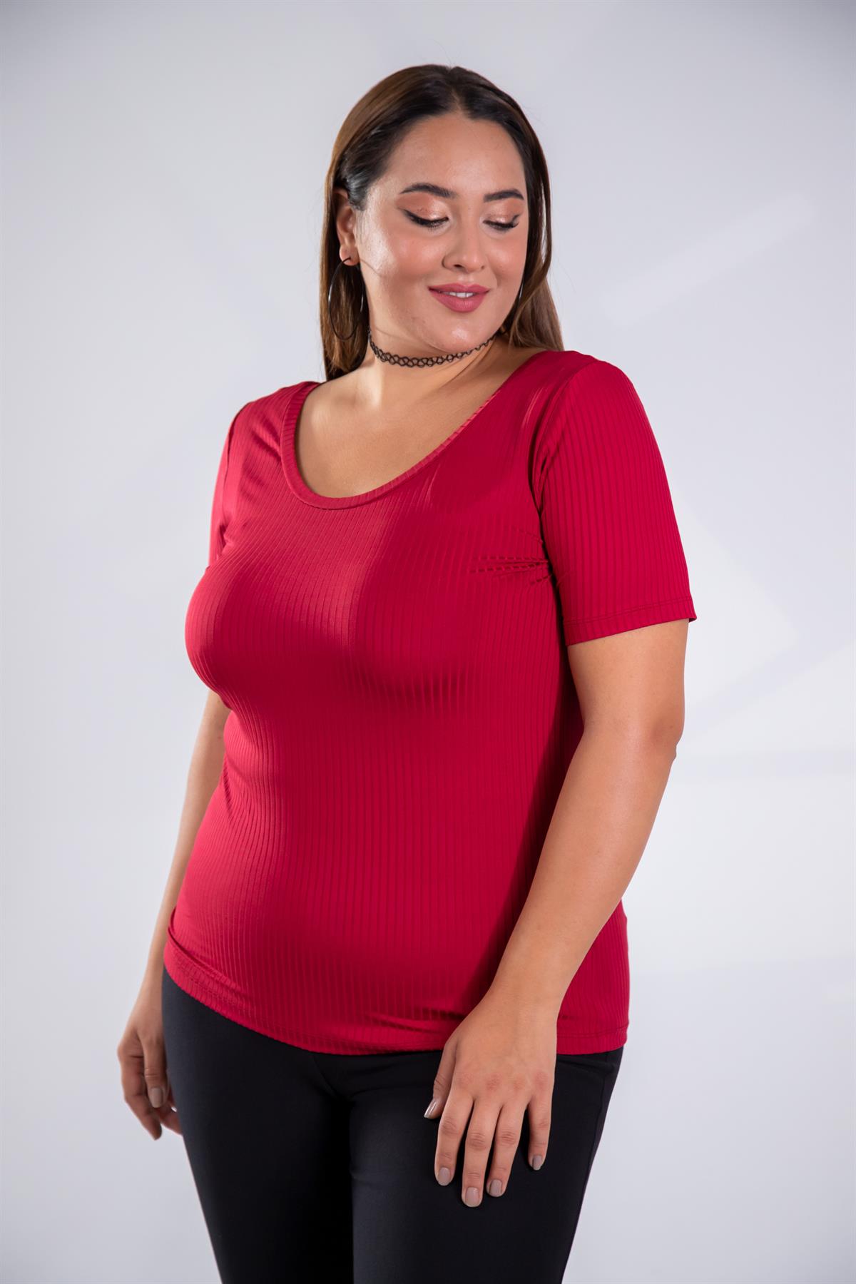 Büyük Beden 122164 Geniş Yaka Basıc Bluz Bordo