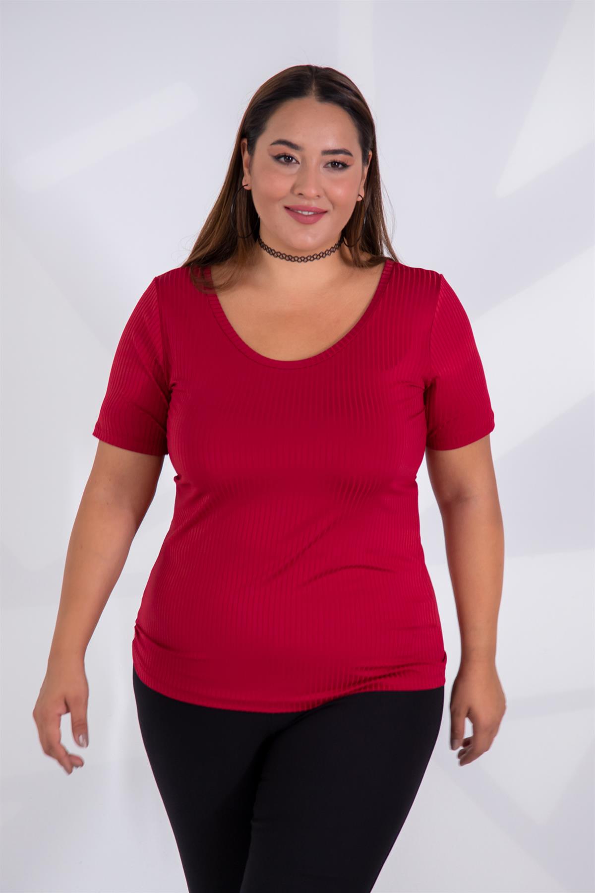 Büyük Beden 122164 Geniş Yaka Basıc Bluz Bordo