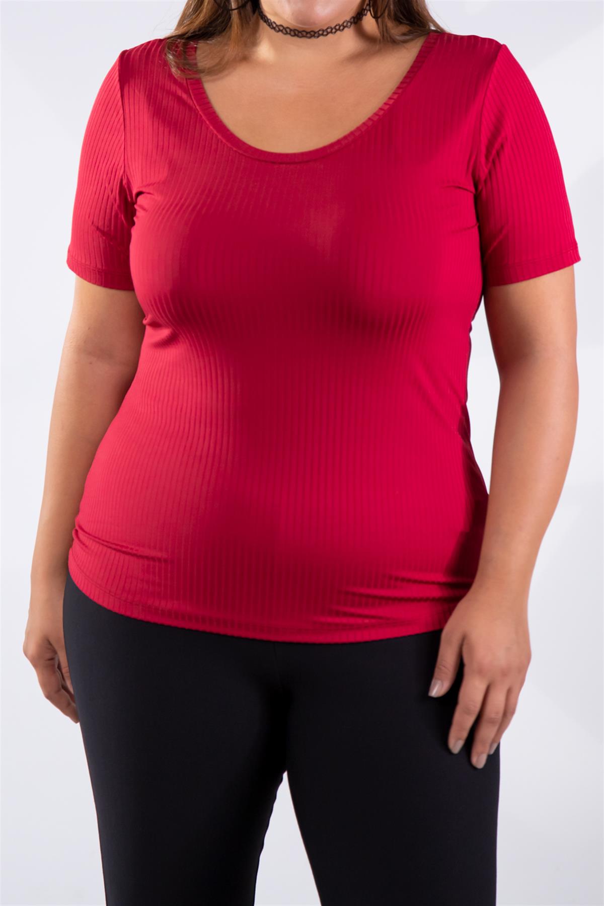 Büyük Beden 122164 Geniş Yaka Basıc Bluz Bordo