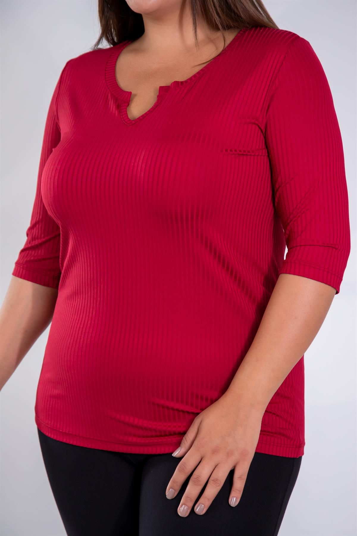 Büyük Beden 122165 Yaka Detaylı Basıc Bluz Bordo