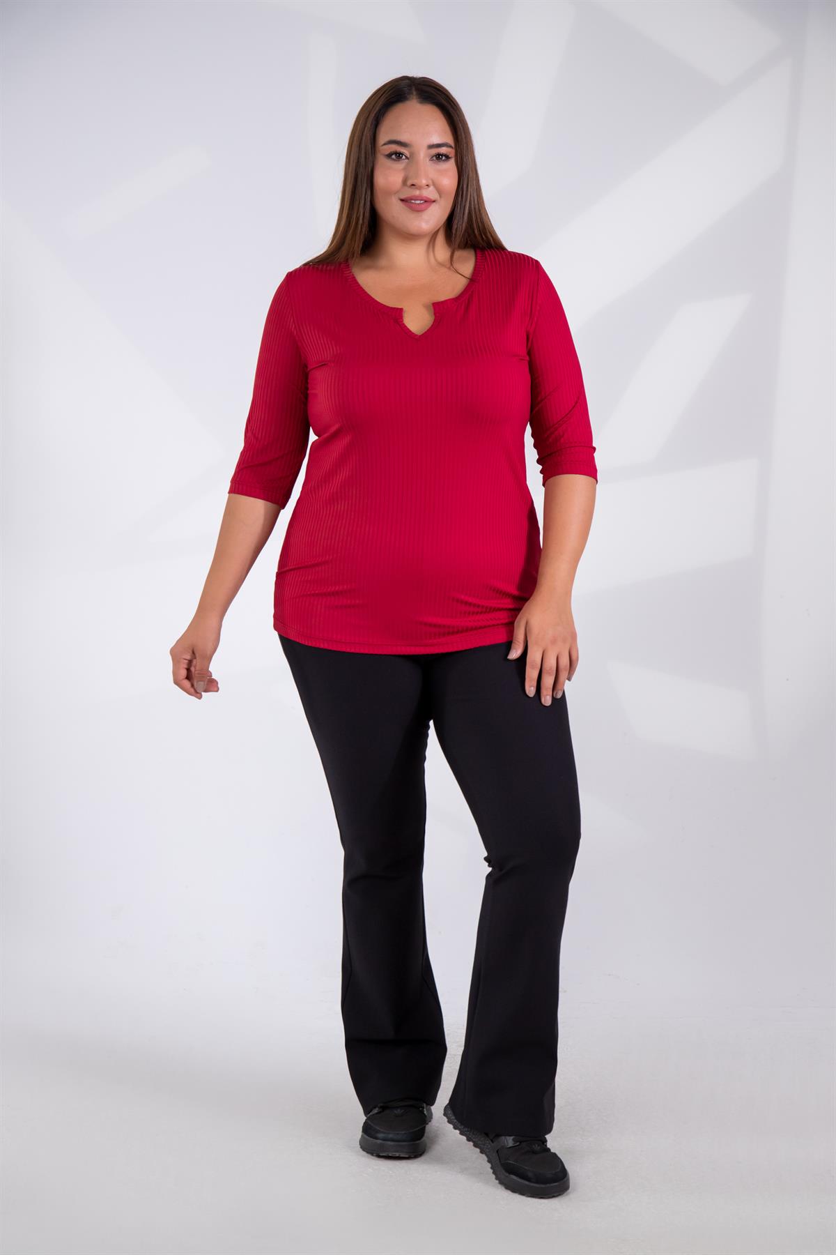 Büyük Beden 122165 Yaka Detaylı Basıc Bluz Bordo
