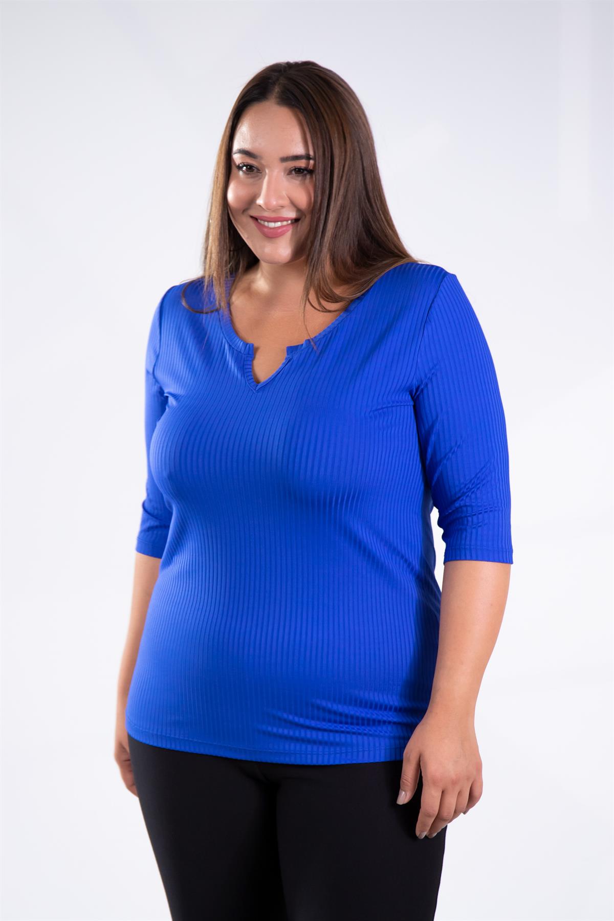 Büyük Beden 122165 Yaka Detaylı Basıc Bluz Saks