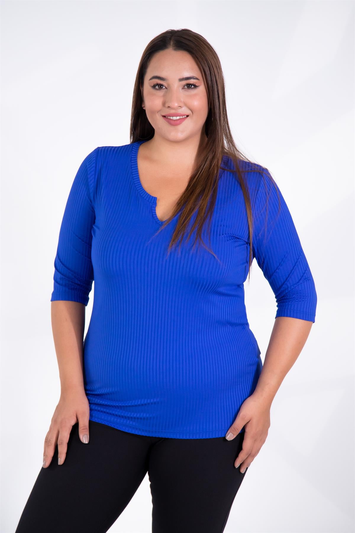 Büyük Beden 122165 Yaka Detaylı Basıc Bluz Saks