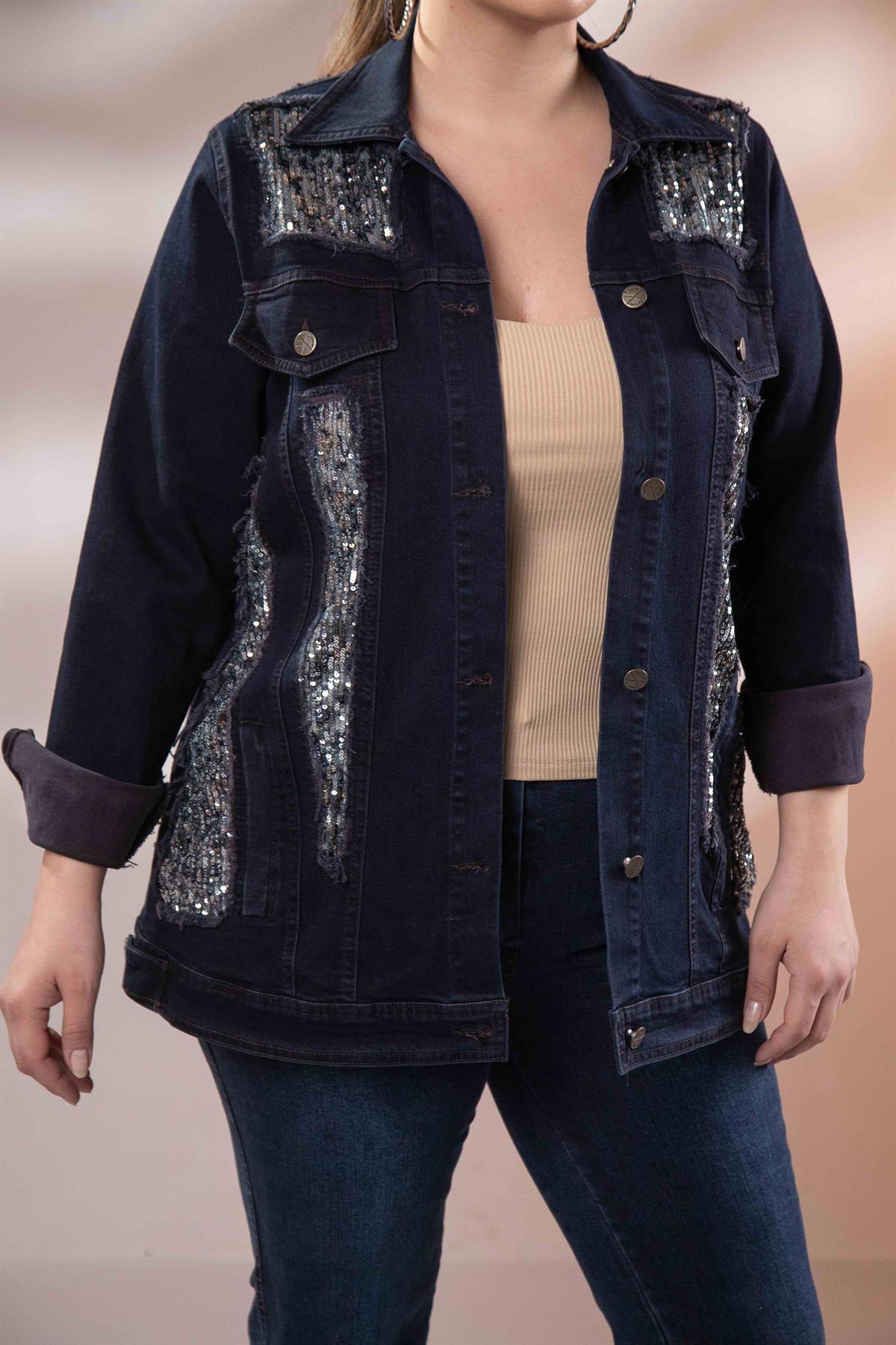 Büyük Beden 122166 Pul Payetli Denim Ceket  Lacivert
