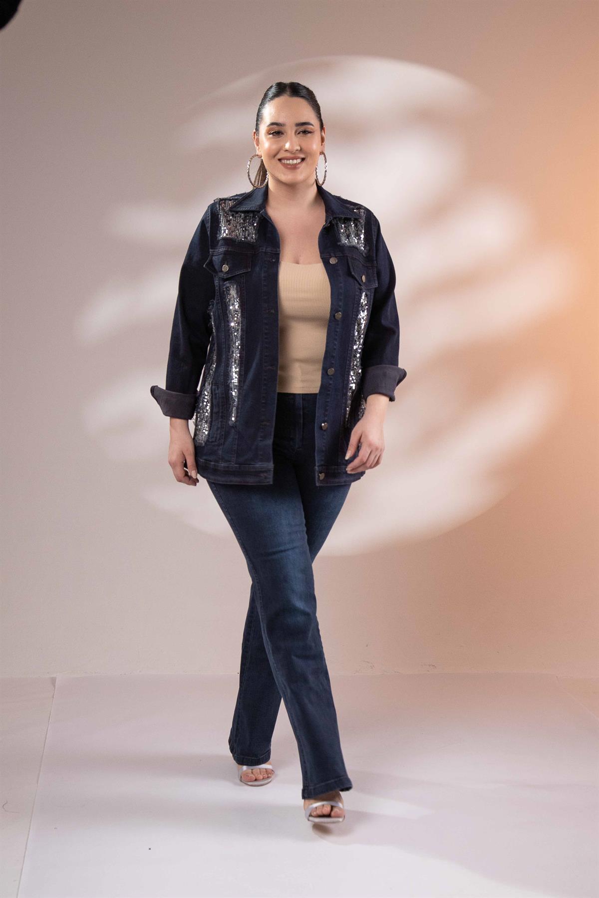 Büyük Beden 122166 Pul Payetli Denim Ceket  Lacivert