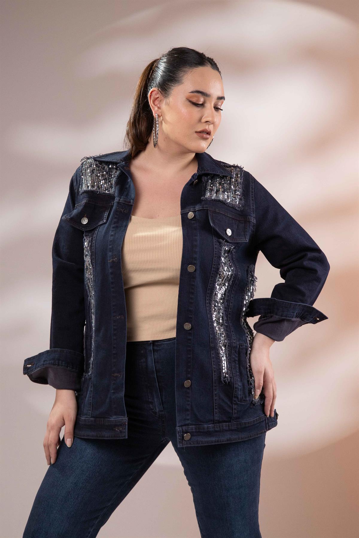 Büyük Beden 122166 Pul Payetli Denim Ceket  Lacivert