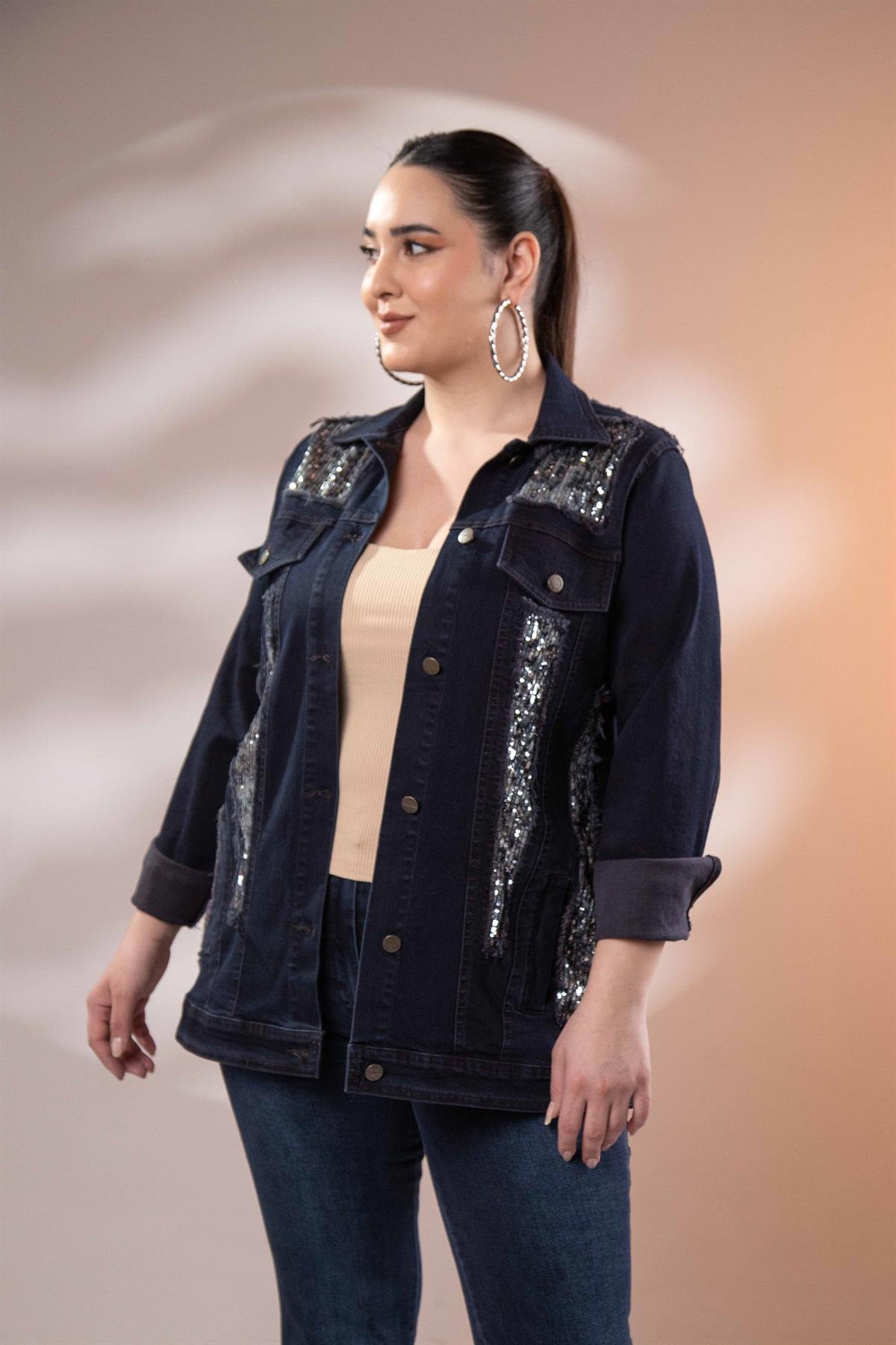 Büyük Beden 122166 Pul Payetli Denim Ceket  Lacivert