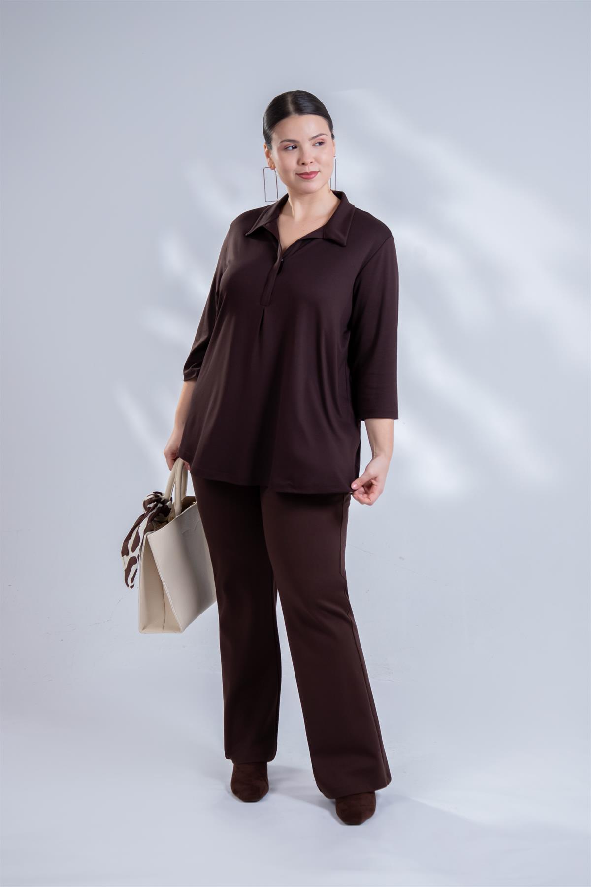 Büyük Beden 122175 İspanyol Paça Pantolon Koyu Kahverengi