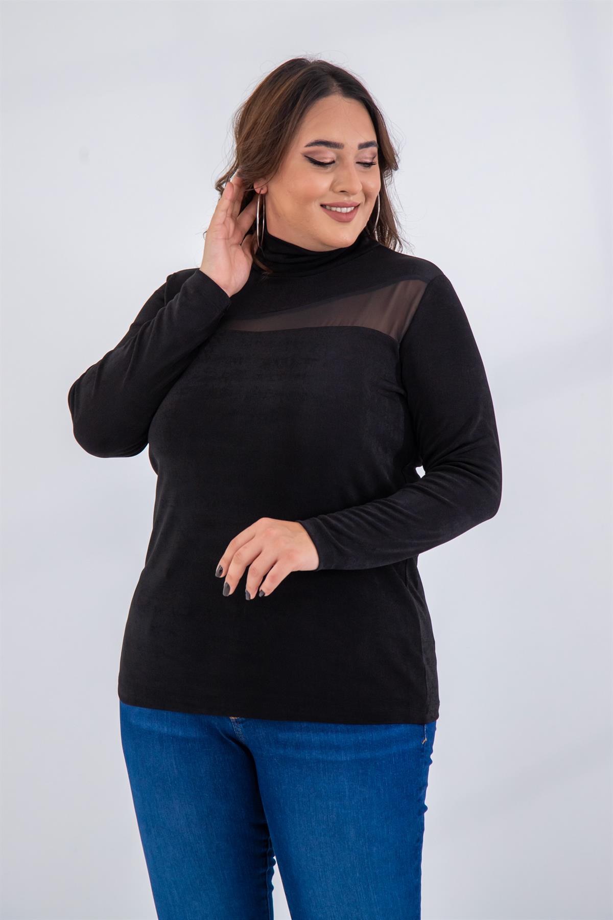 Büyük Beden 122178 Boğazlı-Şifon Garnili Bluz  Siyah