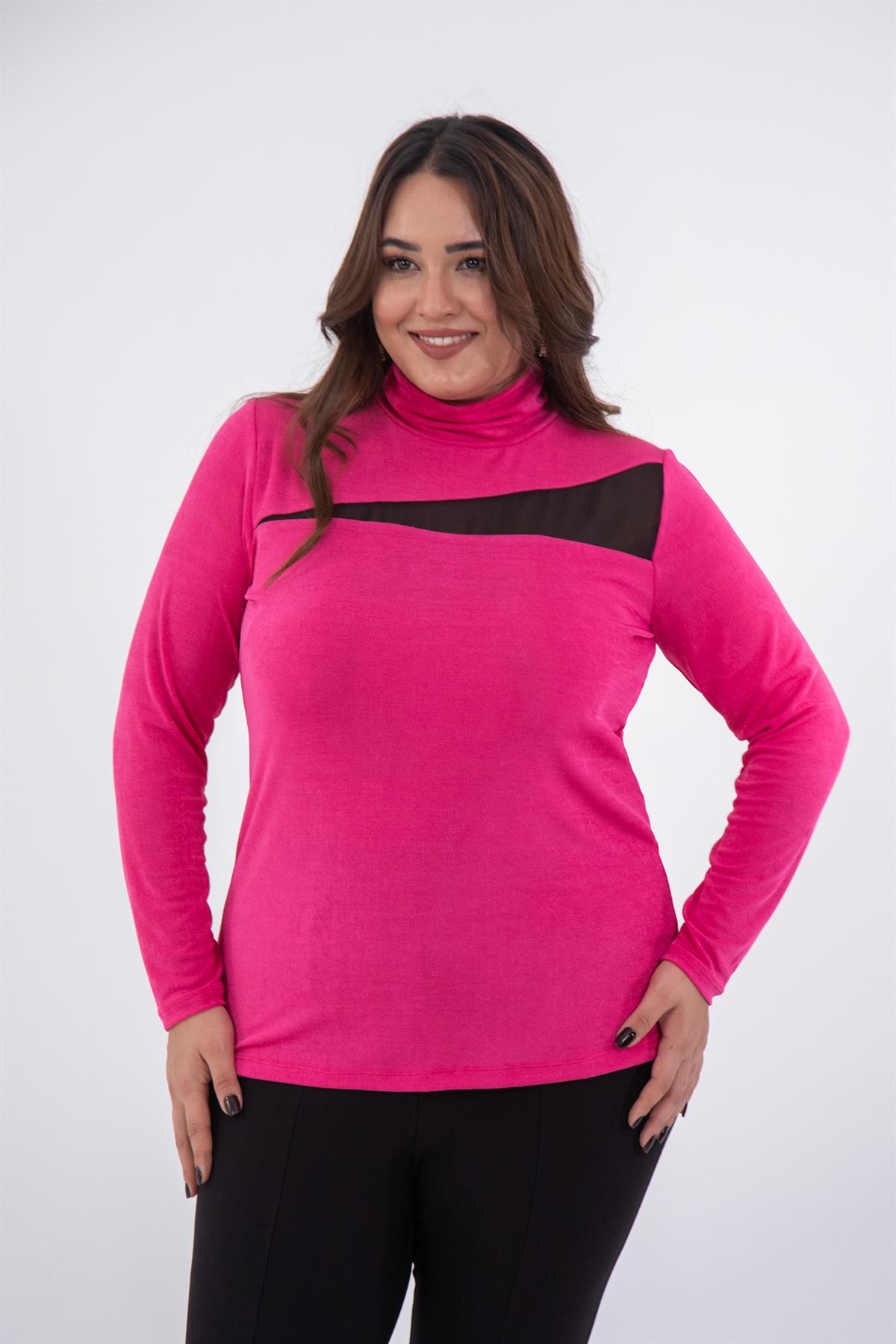 Büyük Beden 122178 Boğazlı-Şifon Garnili Bluz  Fusya