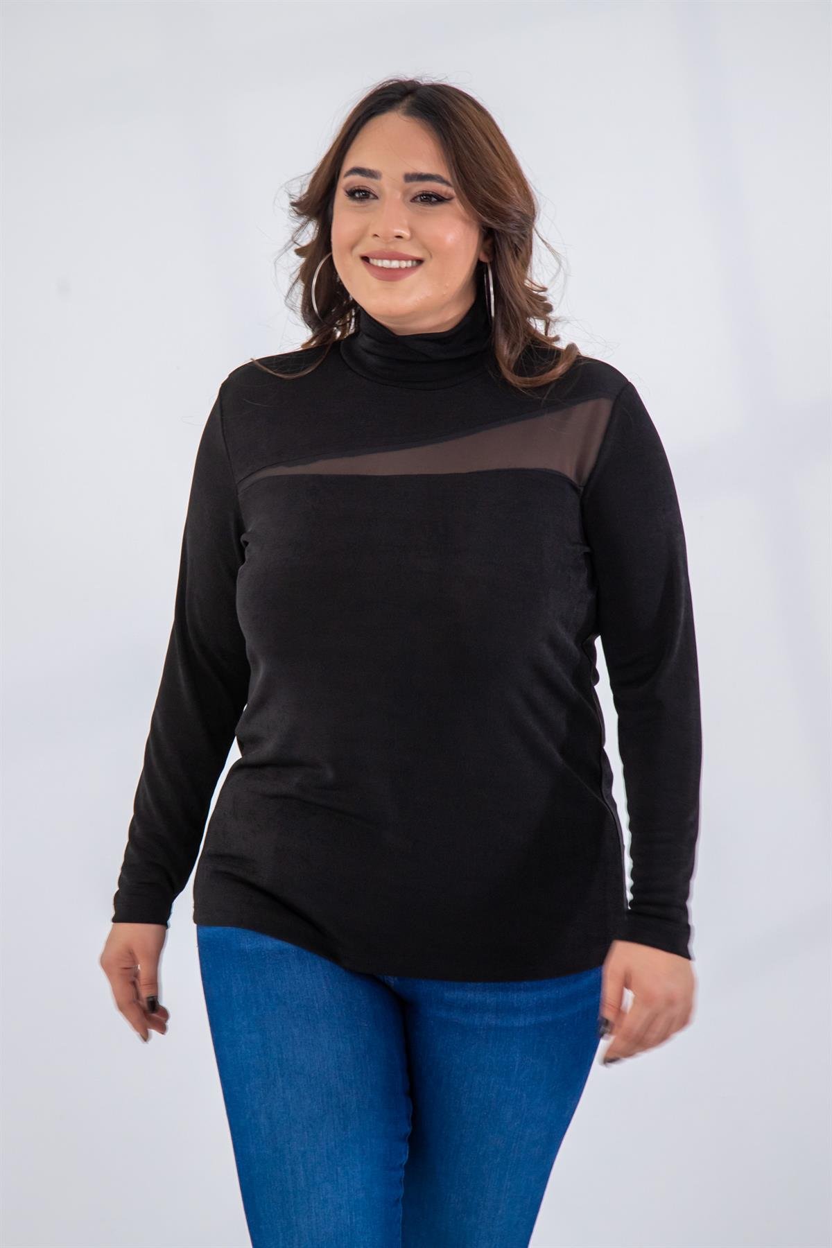 Büyük Beden 122178 Boğazlı-Şifon Garnili Bluz  Siyah