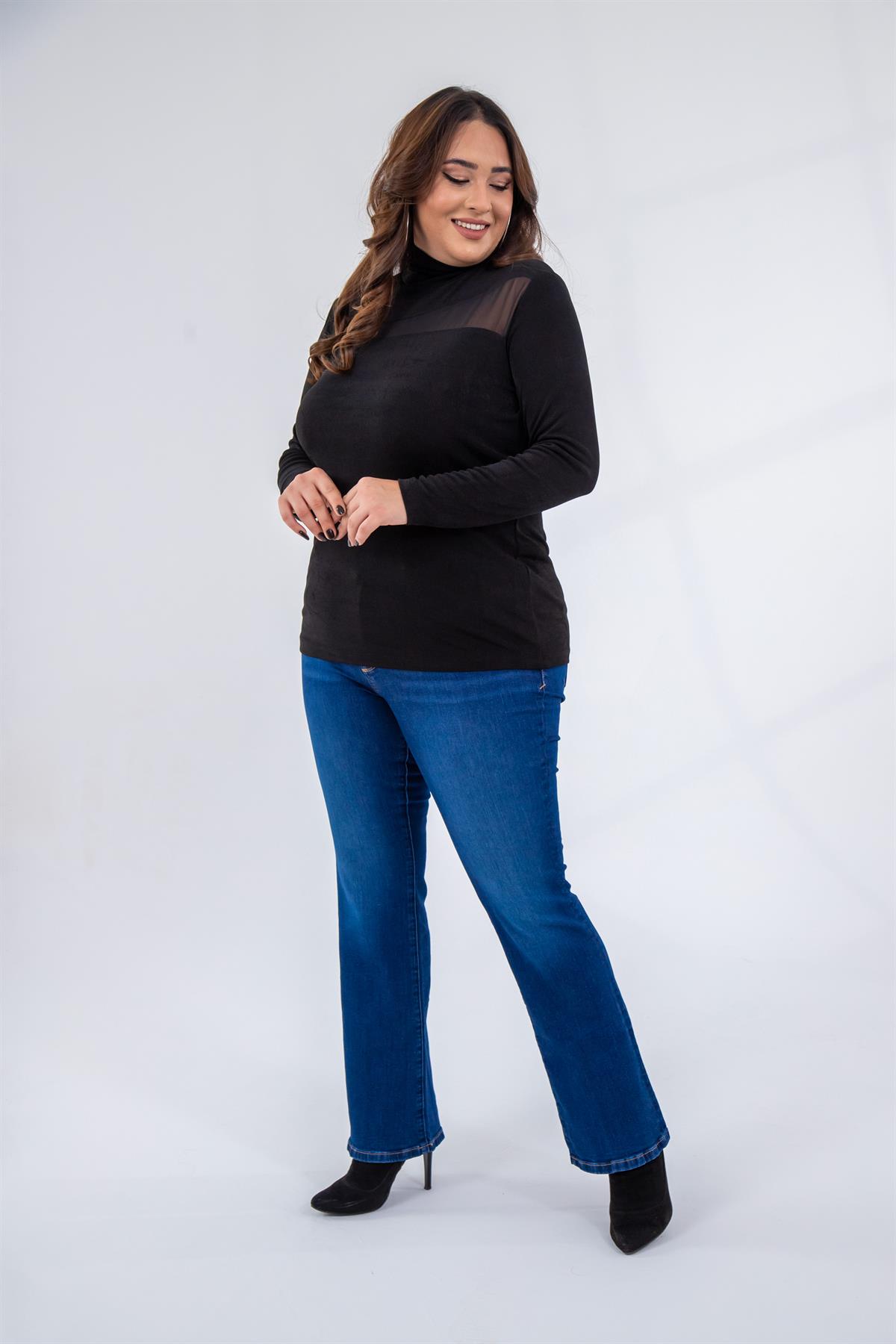 Büyük Beden 122178 Boğazlı-Şifon Garnili Bluz  Siyah