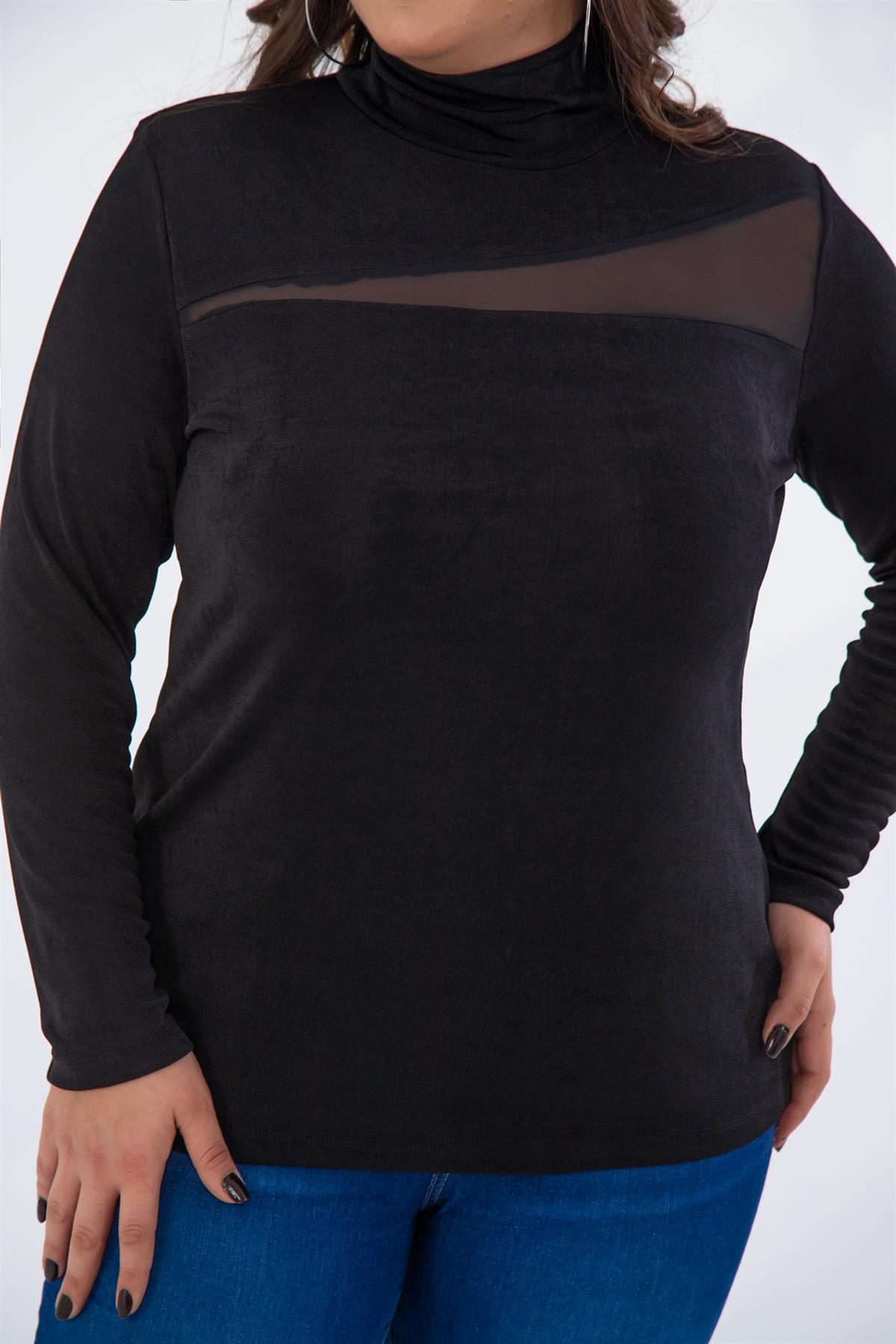 Büyük Beden 122178 Boğazlı-Şifon Garnili Bluz  Siyah