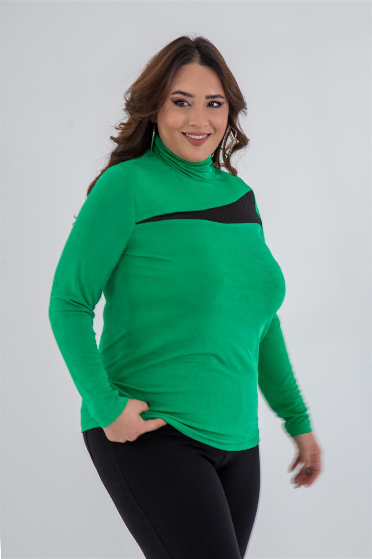 Büyük Beden 122178 Boğazlı-Şifon Garnili Bluz  Yeşil