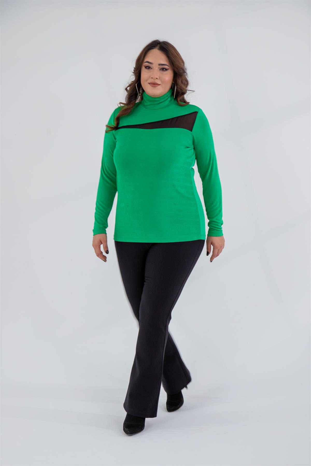 Büyük Beden 122178 Boğazlı-Şifon Garnili Bluz  Yeşil