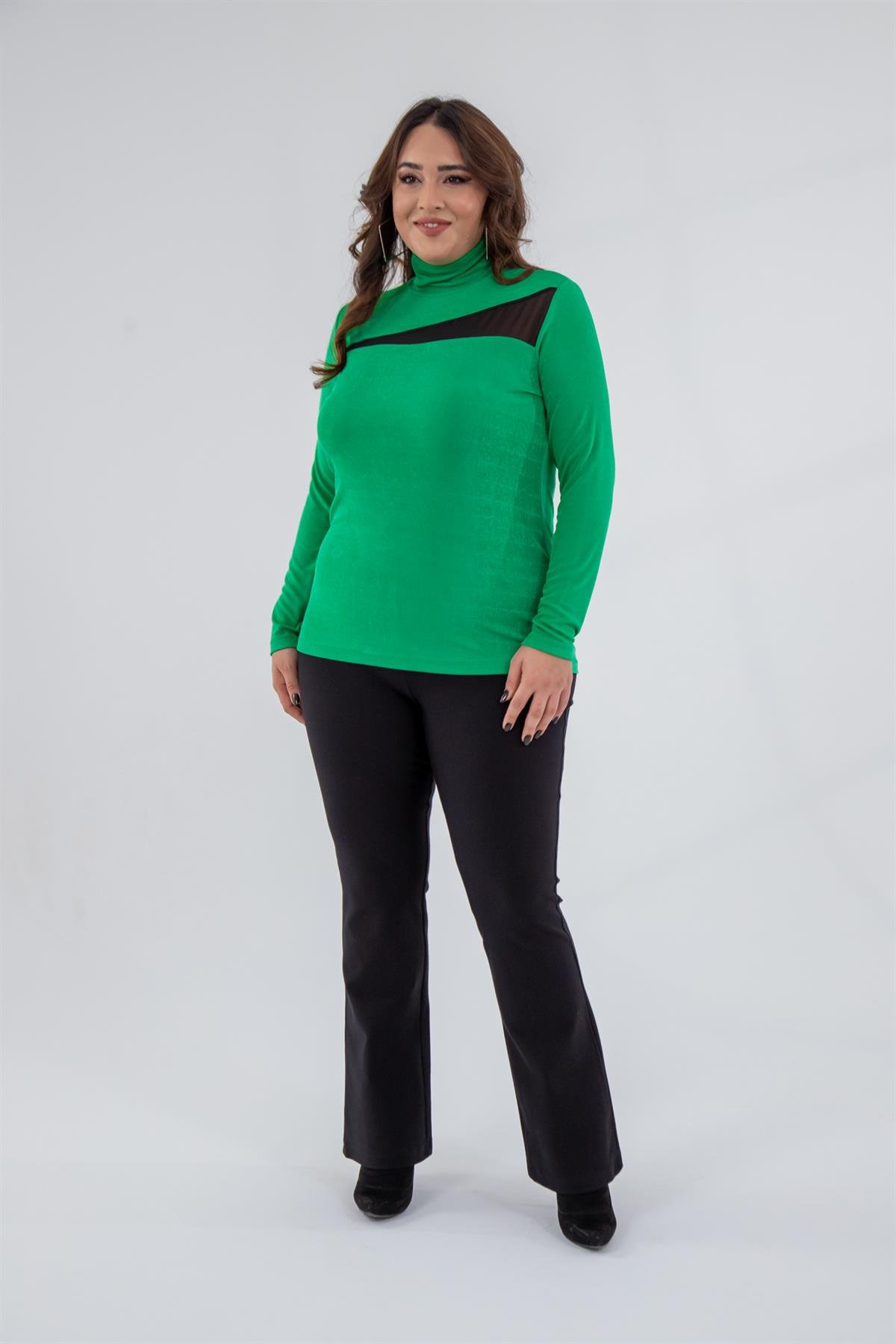 Büyük Beden 122178 Boğazlı-Şifon Garnili Bluz  Yeşil