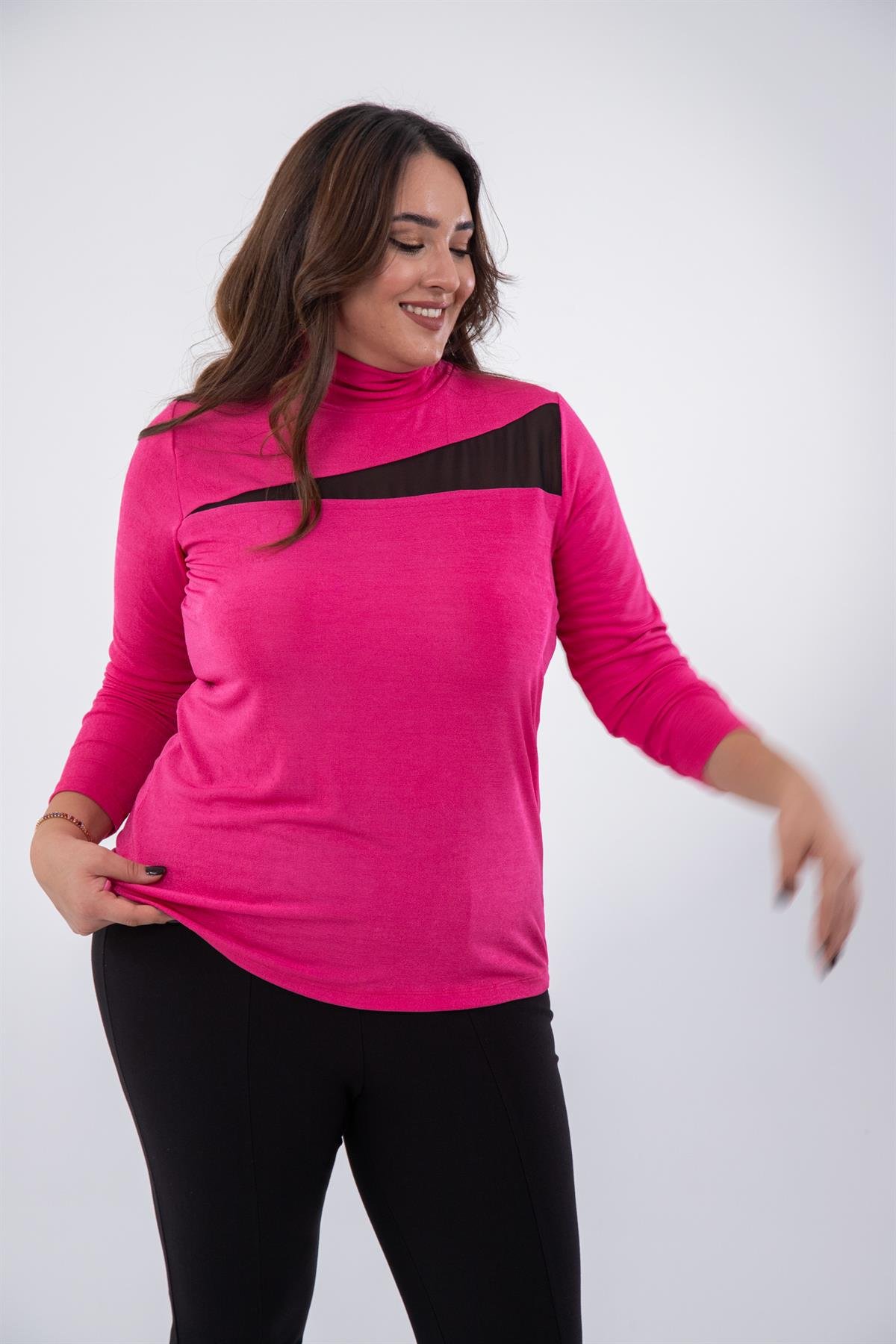 Büyük Beden 122178 Boğazlı-Şifon Garnili Bluz  Fusya