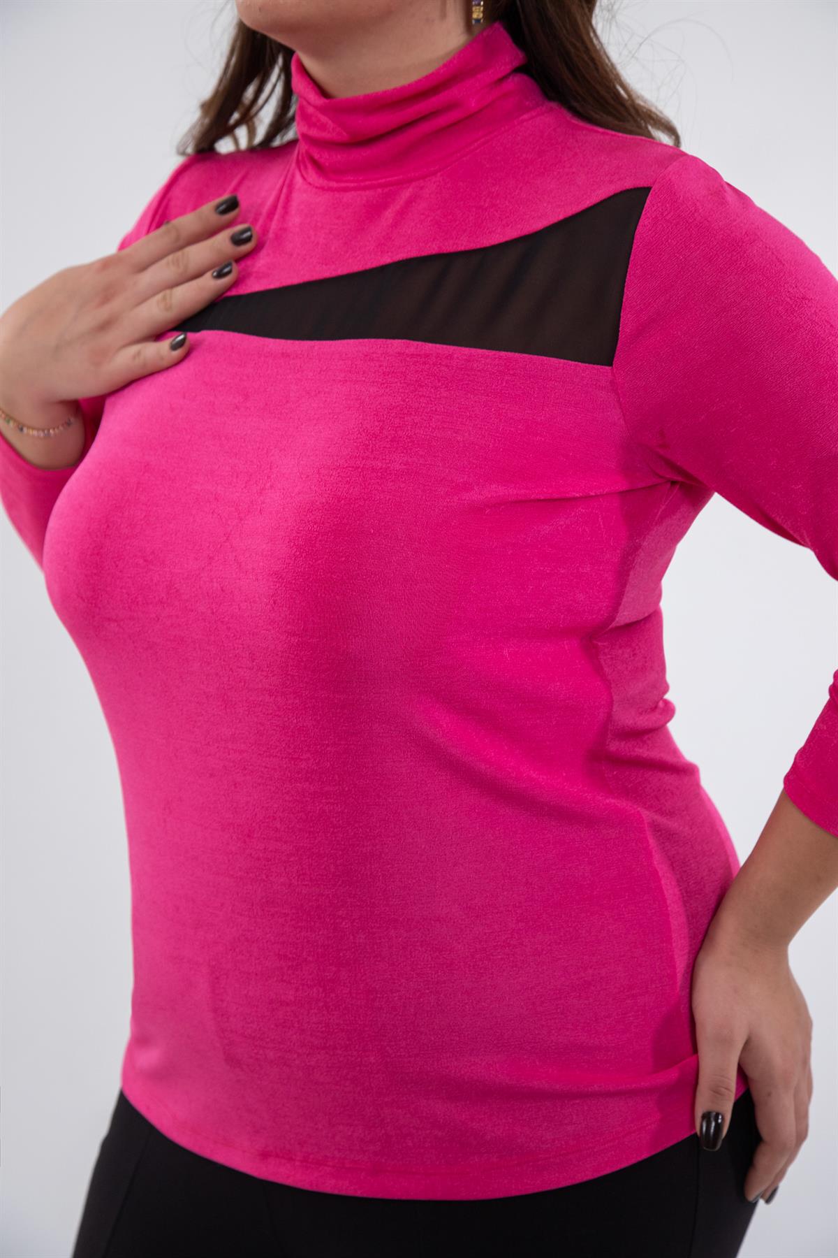 Büyük Beden 122178 Boğazlı-Şifon Garnili Bluz  Fusya