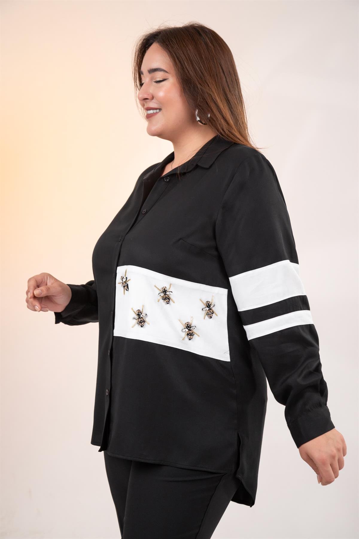 Büyük Beden 1221862 Garnili Gömlek Siyah