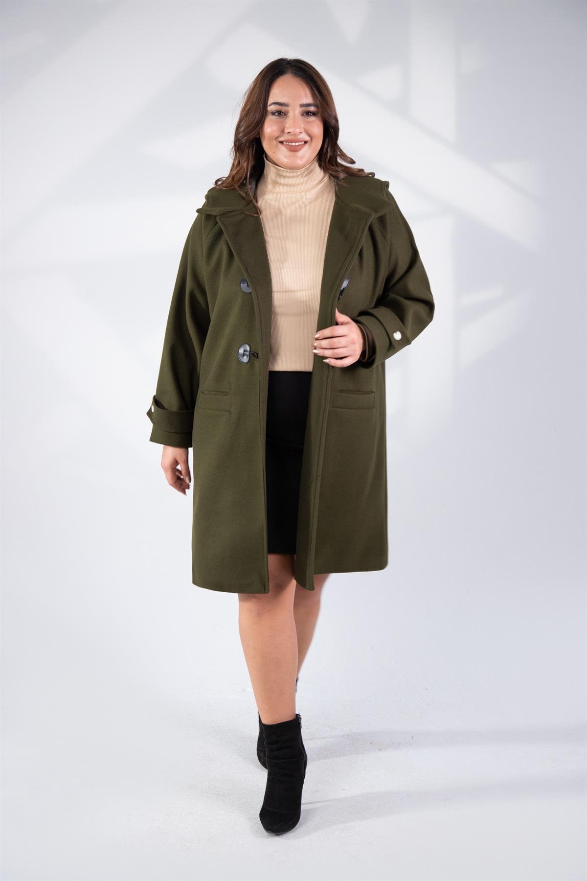 Büyük Beden 122191 Ceplİ-Düğme Detaylı Kaban Haki