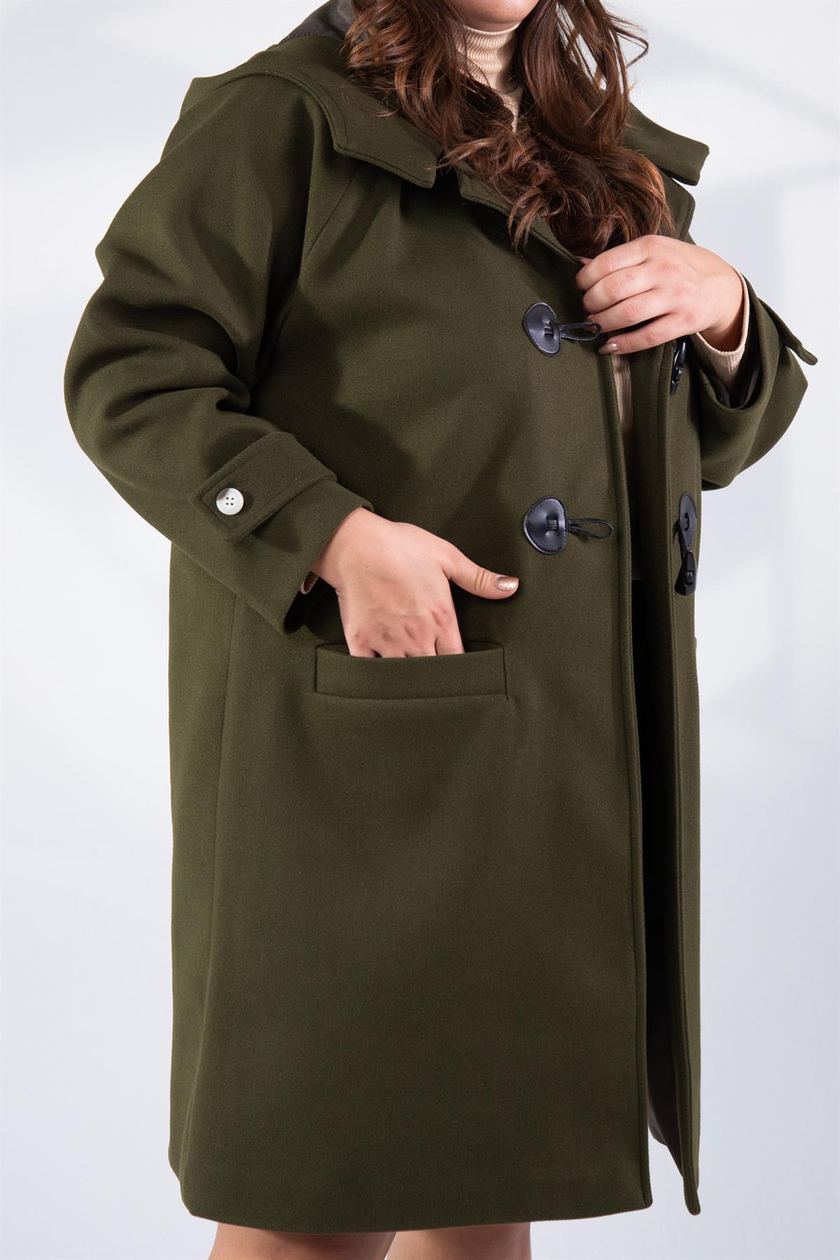 Büyük Beden 122191 Ceplİ-Düğme Detaylı Kaban Haki