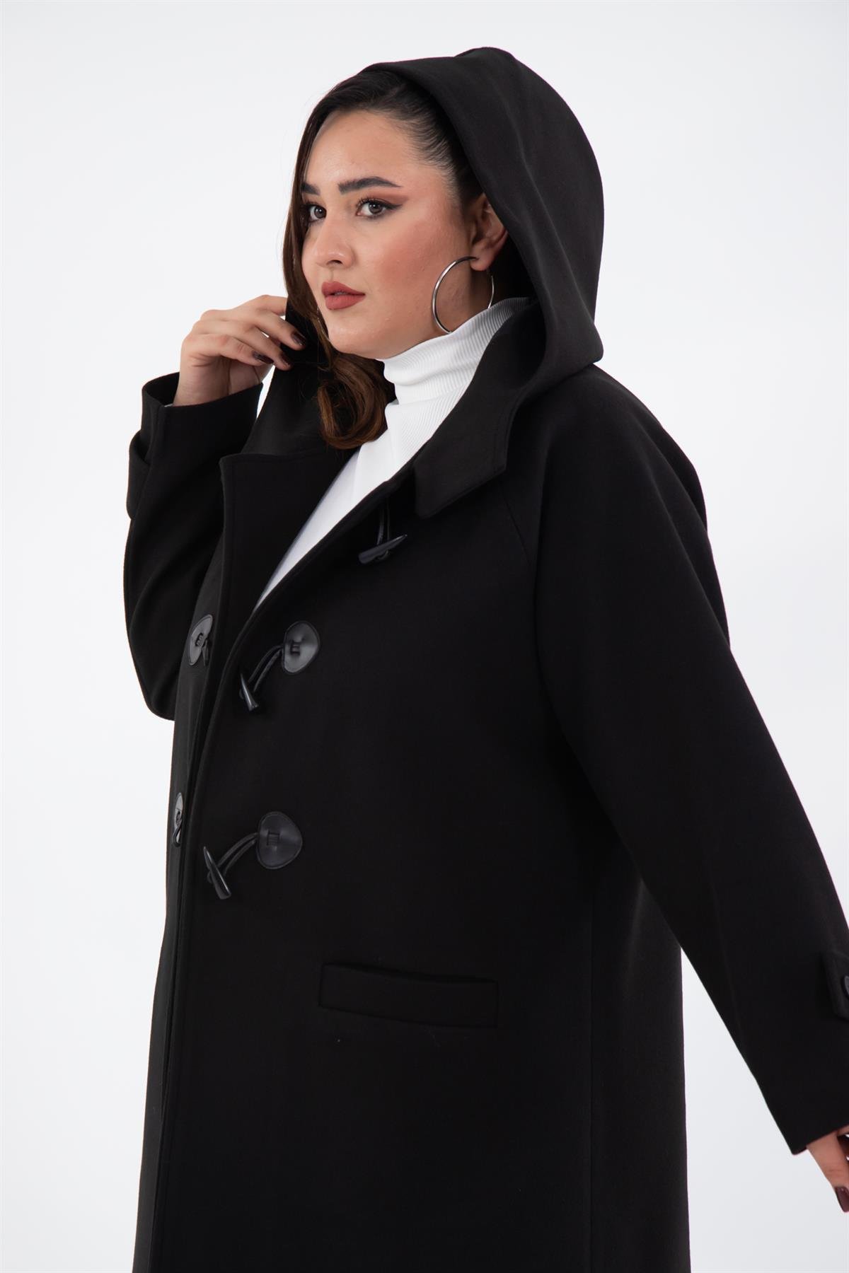 Büyük Beden 122191 Cepli-Düğme Detaylı Kaban Siyah