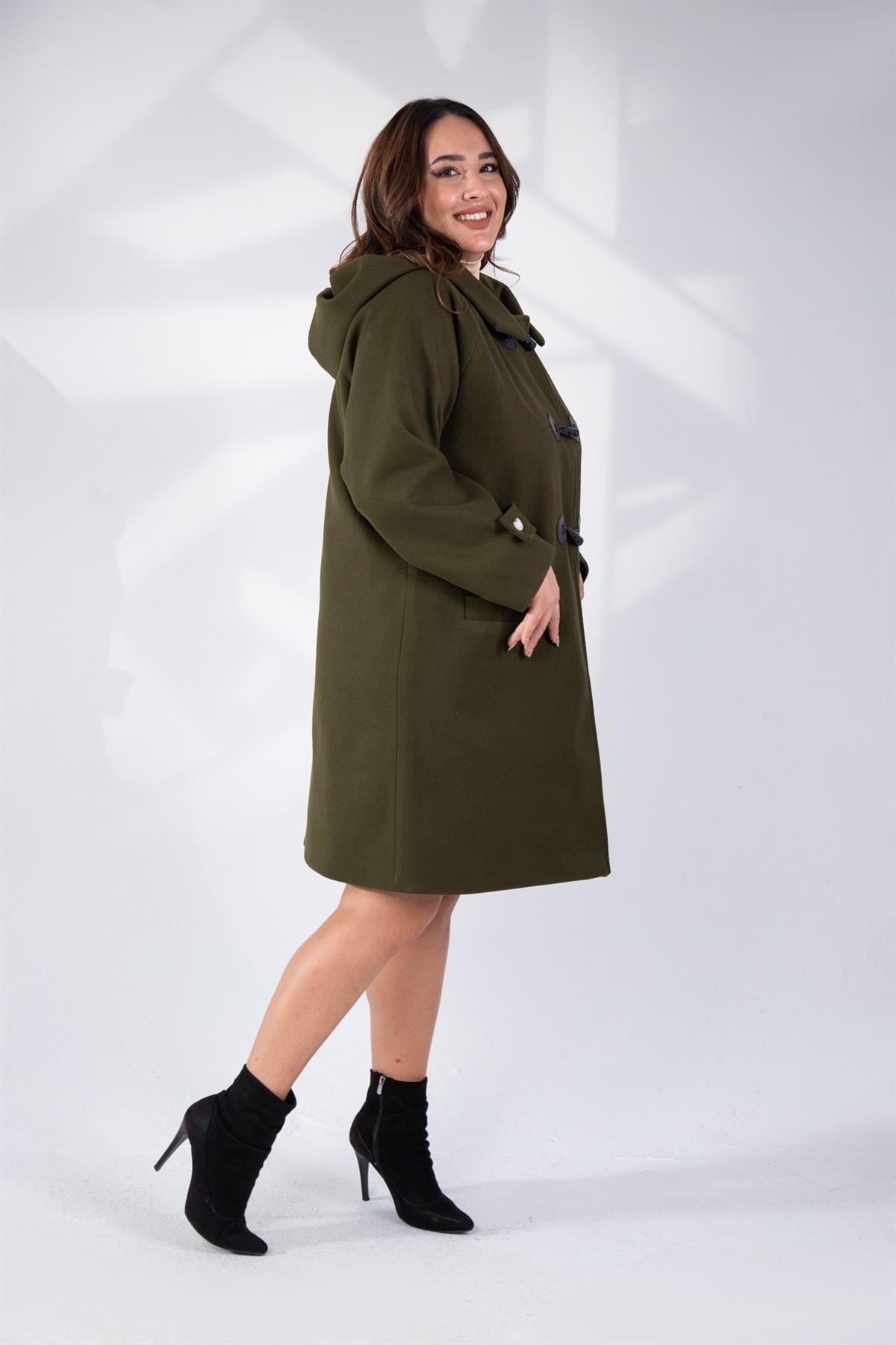 Büyük Beden 122191 Ceplİ-Düğme Detaylı Kaban Haki