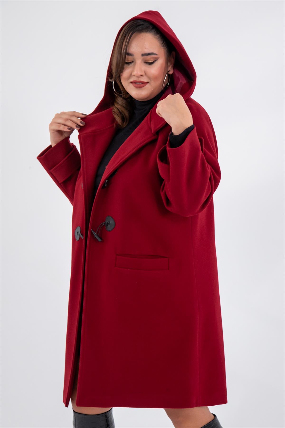 Büyük Beden 122191 Cepli-Düğme Detaylı Kaban Bordo