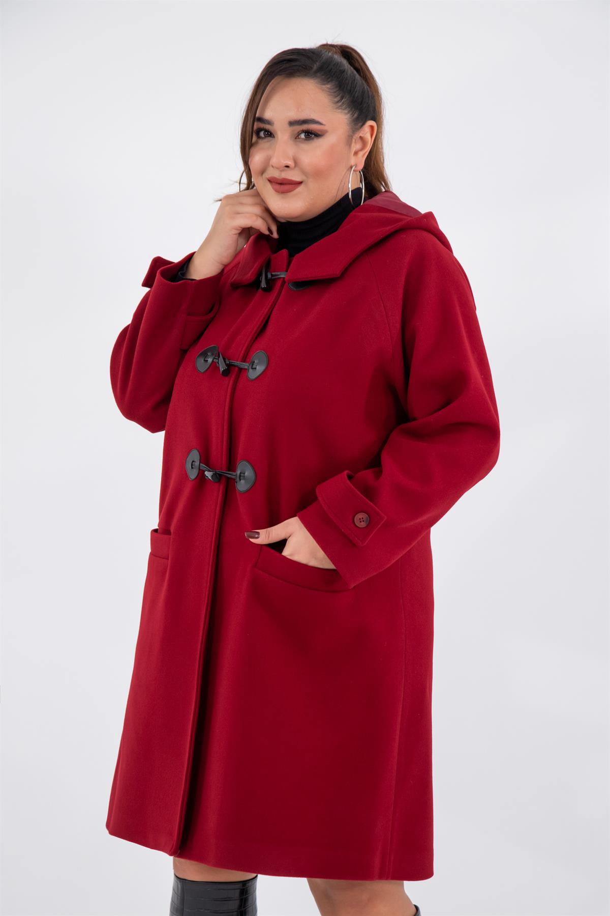 Büyük Beden 122191 Cepli-Düğme Detaylı Kaban Bordo