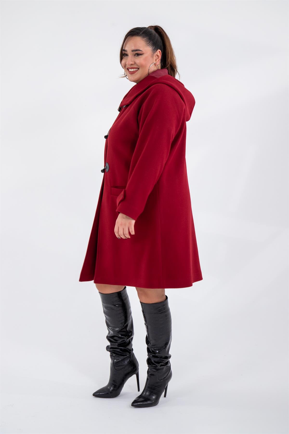 Büyük Beden 122191 Cepli-Düğme Detaylı Kaban Bordo