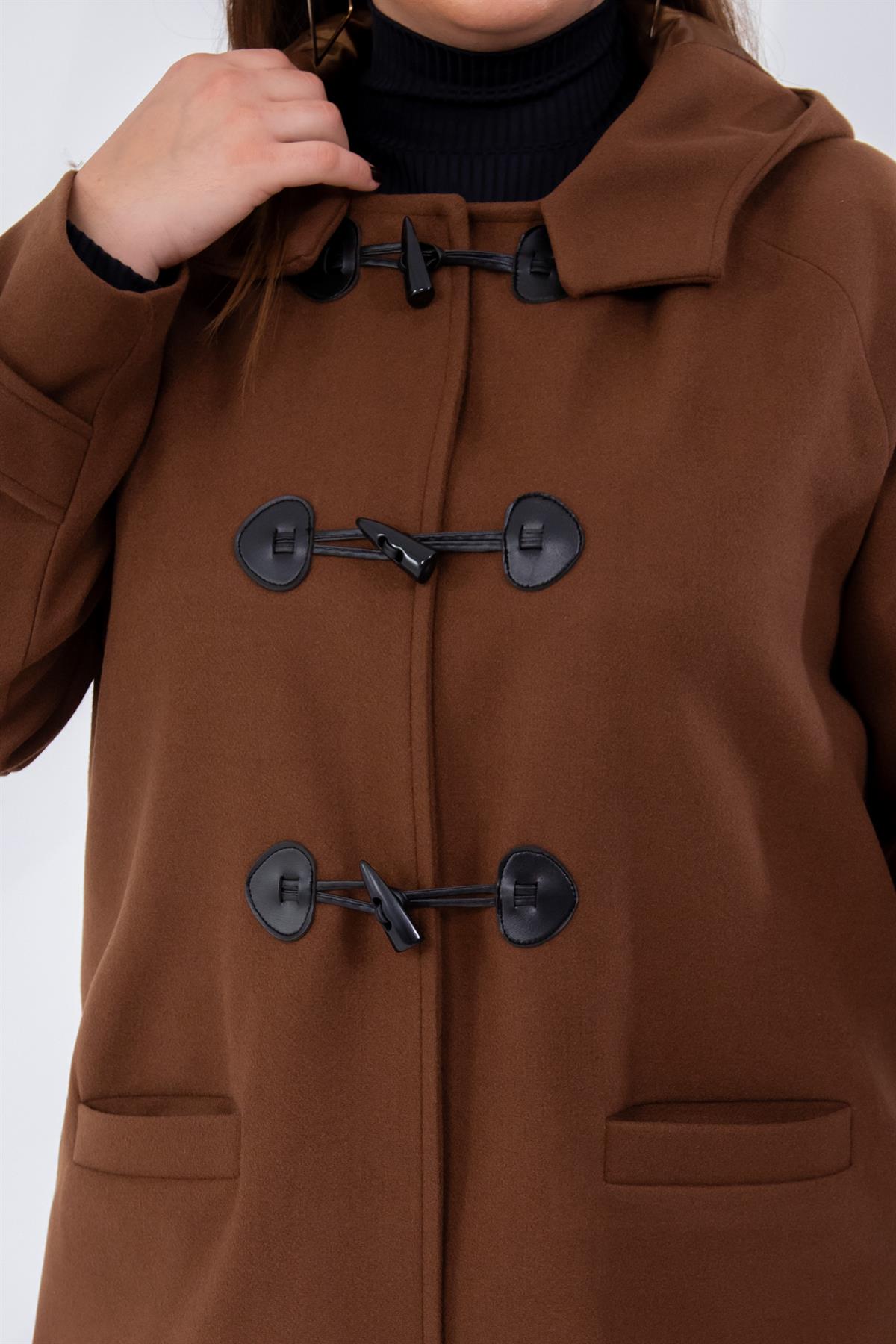 Büyük Beden 122191 Cepli-Düğme Detaylı Kaban Kahverengi